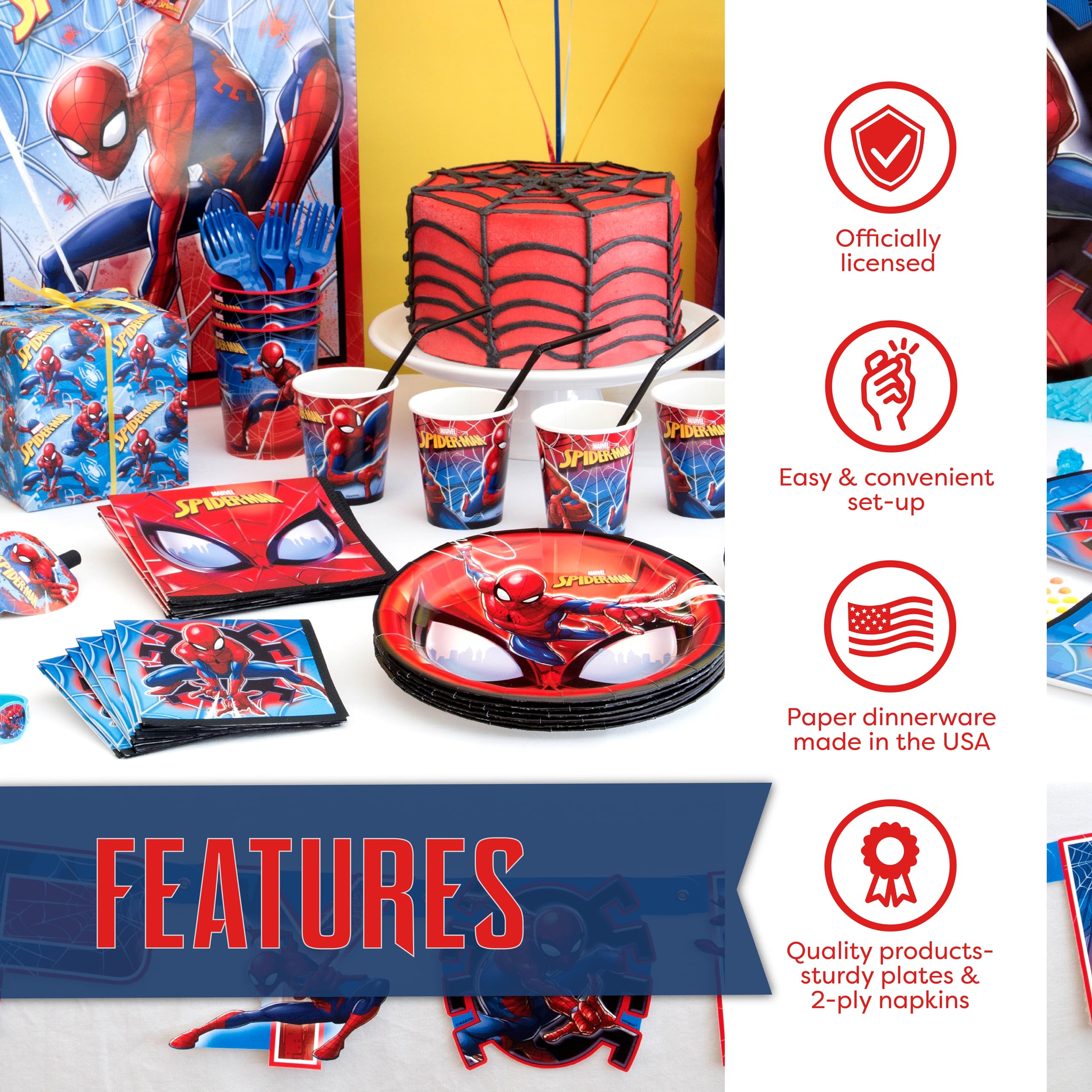 **Spider-Man Birthday Party Supplies Set for 16 Guests - Includes Dinner Plates, Cake Plates, Cups, Napkins & Buttons | Perfect for Kids' Superhero Themed Parties & Decorations**