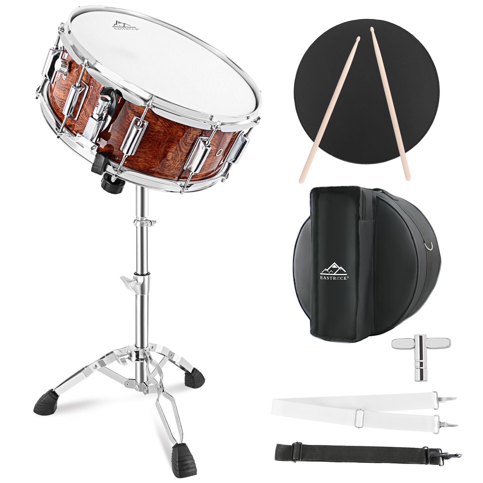 EASTROCK 14x5.5 Inch Snare Drum Set for Beginners - Includes Gig Bag, Drumsticks, Stand & Keys - Coated Tiger-Stripe Drum Head - Perfect for Students, Practice & Live Performances