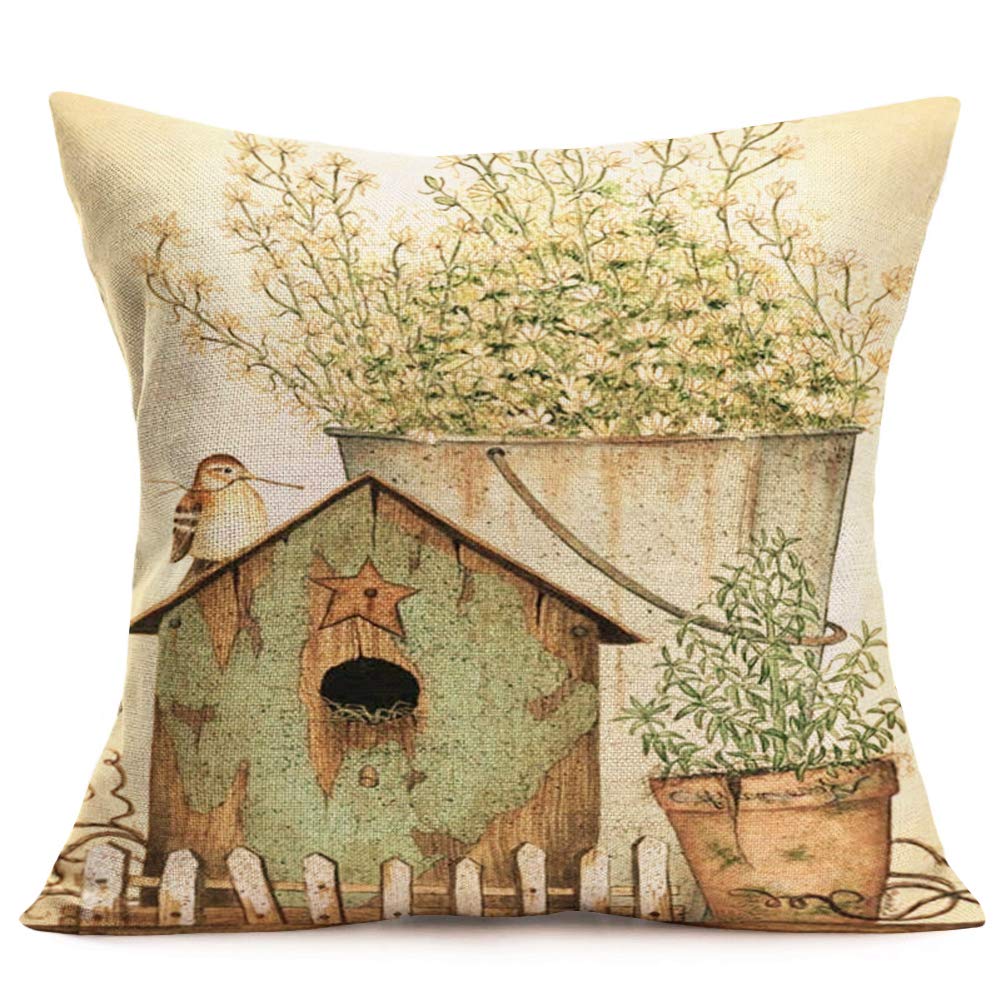 Xihomeli 18x18 Inch Floral Printed Cotton Linen Pillow Covers Set of 4 - Antique Chic Flower & Vase Design Throw Pillow Cases for Sofa, Couch, Bedroom Decor (Beige, 4-Pack) | Perfect for Living Room, Bedroom & Home Styling