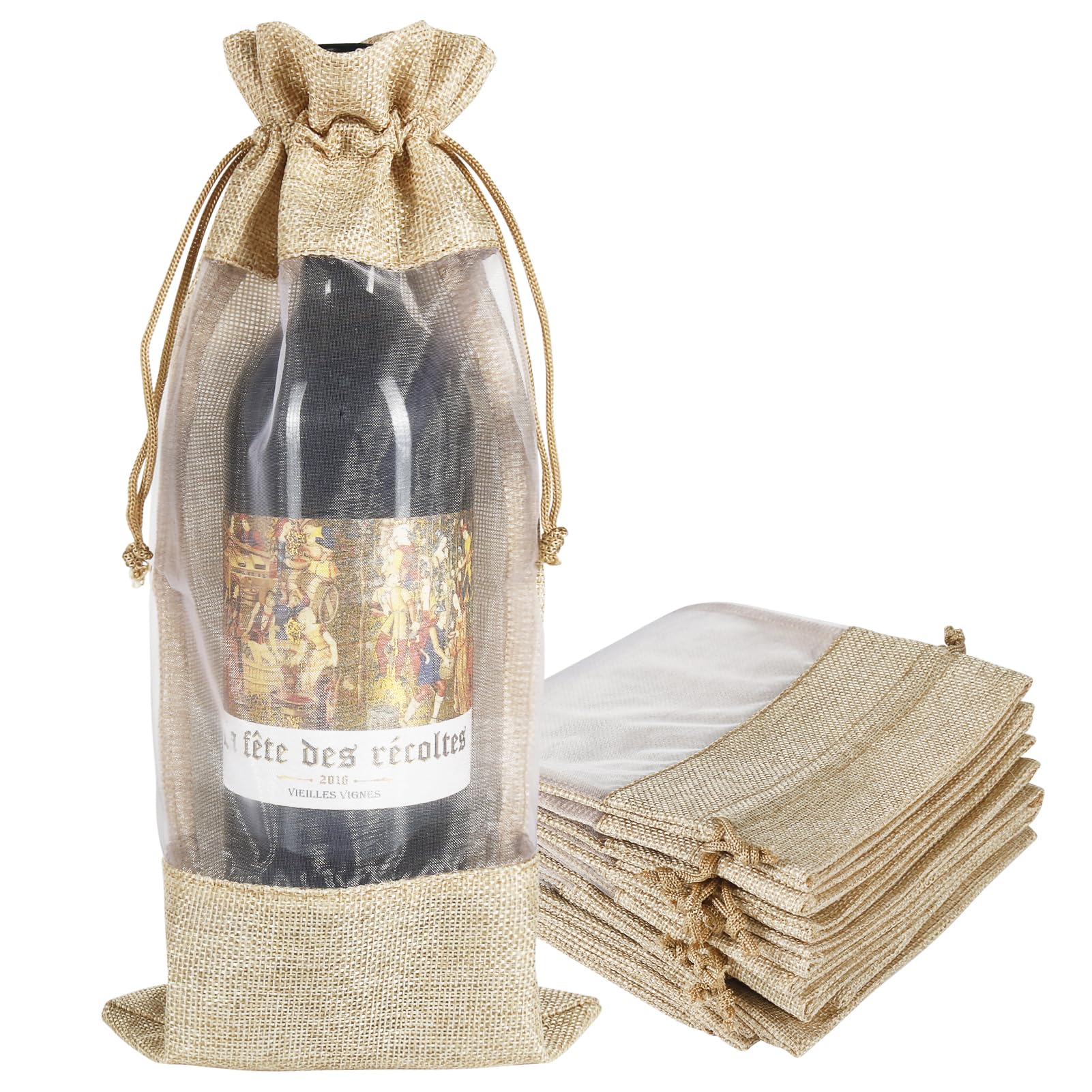 10pcs Burlap Wine Bags with Sheer Window - Hessian Cloth Drawstring Bottle Gift Bags for Christmas, Wedding, Party Favors | Perfect for Holiday Gifting, Wine Bottle Packaging & Special Occasion Presents