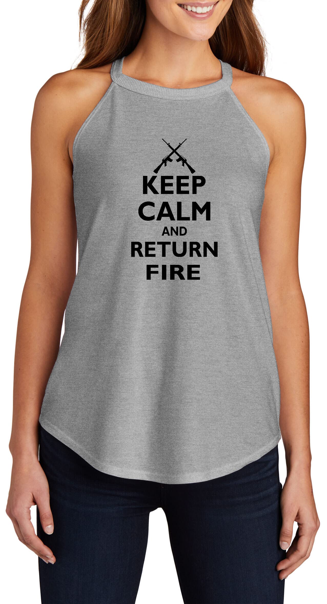 Comical Ladies Keep Calm & Return Fire Funny Gun Rights T-Shirt - Rocker Style for Range Days & Second Amendment Support