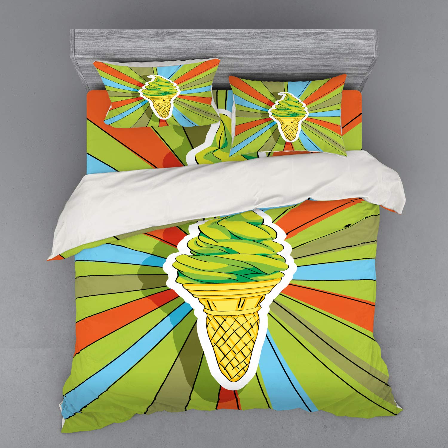 Ambesonne King Size 4-Piece Duvet Cover Set - Hand Drawn Ice Cream Cone Design with Colorful Rays, Lime Green Multicolor Bedding Set with Shams & Fitted Sheet | Perfect for Kids' Room, Summer Themed Bedroom Decor, and Ice Cream Lovers' Gift Idea