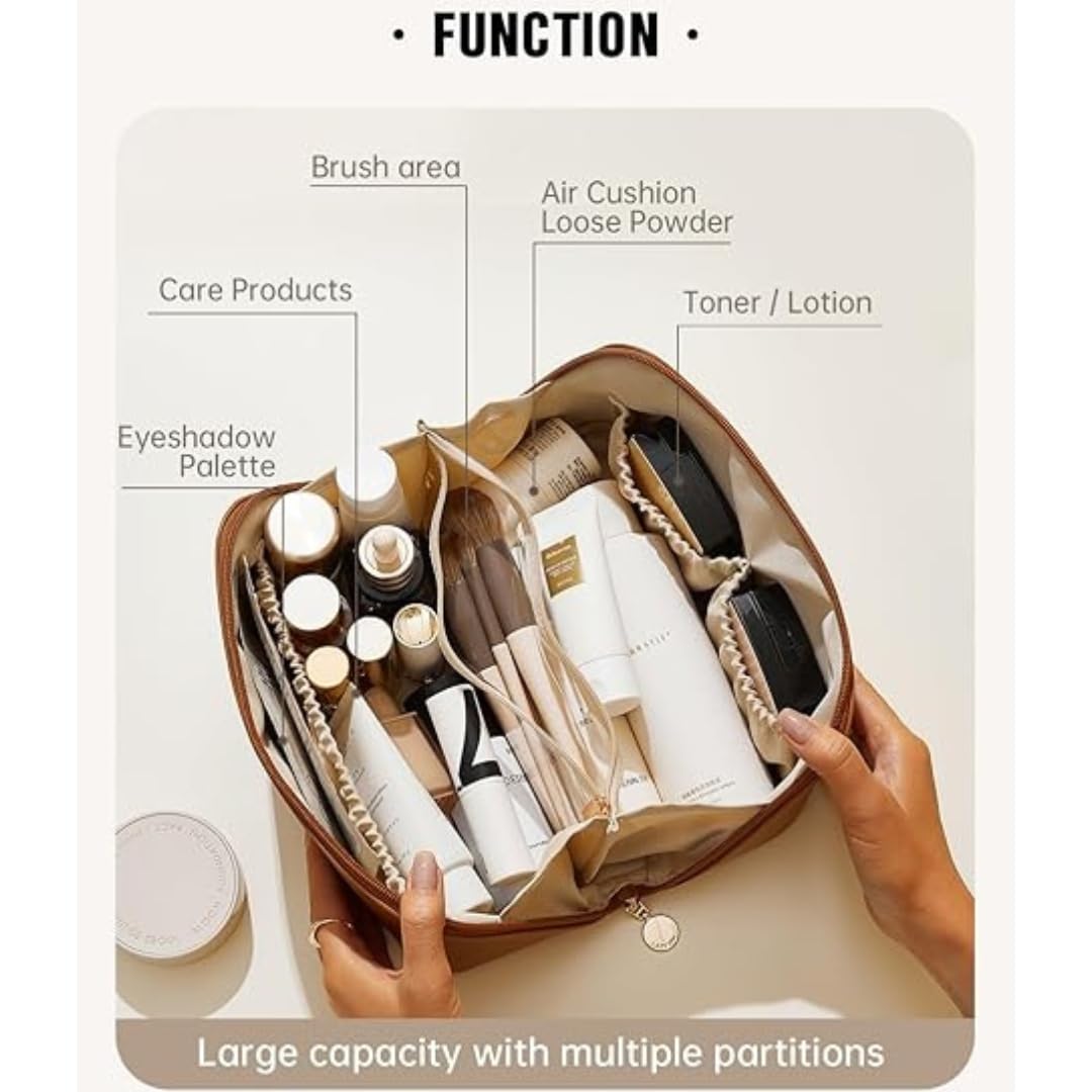 Large Capacity Waterproof Travel Cosmetic Bag with Handle & Divider - Multifunctional Makeup Organizer for Women (Brown, 10cm) | Perfect for Airplane Carry-on, Gym Essentials & Toiletry Storage