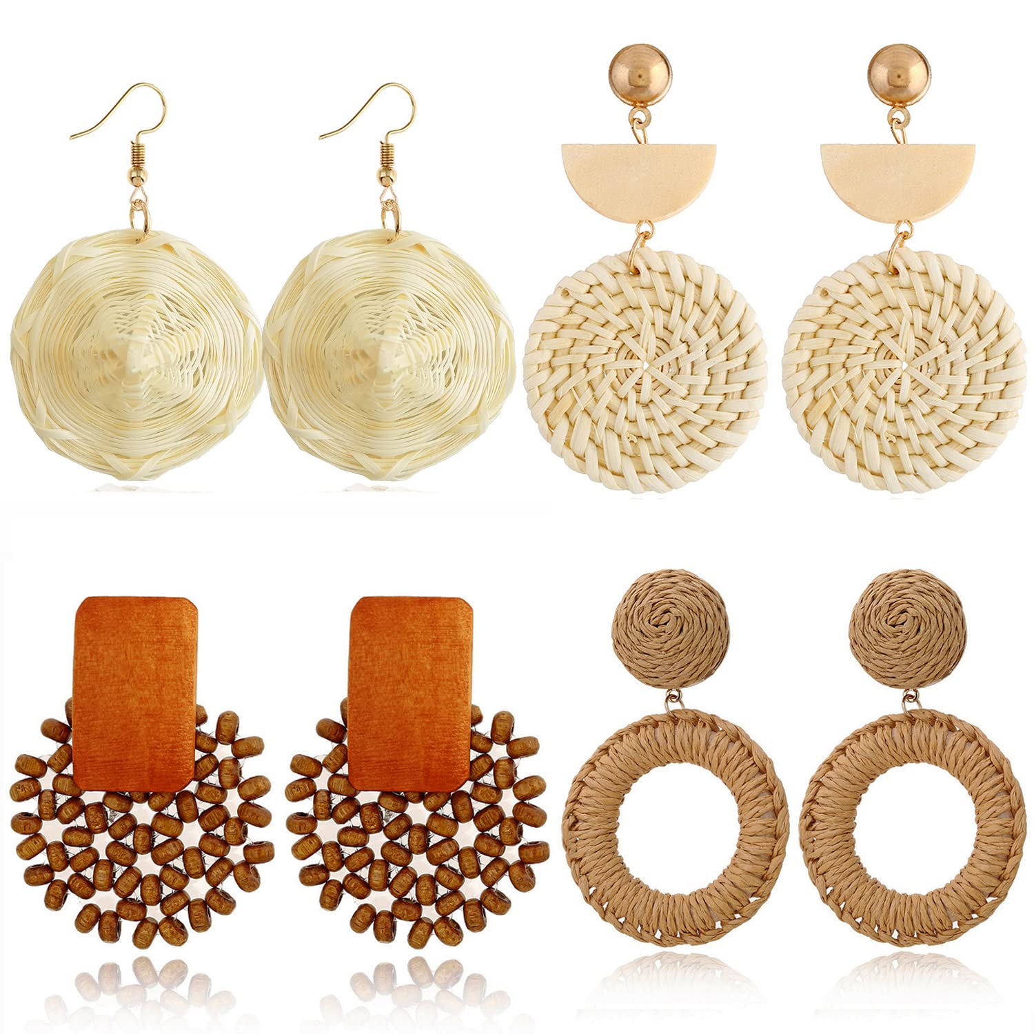 4 Pairs Bohemian Rattan Earrings for Women - Lightweight Handmade Straw Wicker Braid Hoop Drop Dangle Earrings - Perfect Gift for Women & Girls - Great for Beach, Summer, Festival and Boho Fashion Outfits