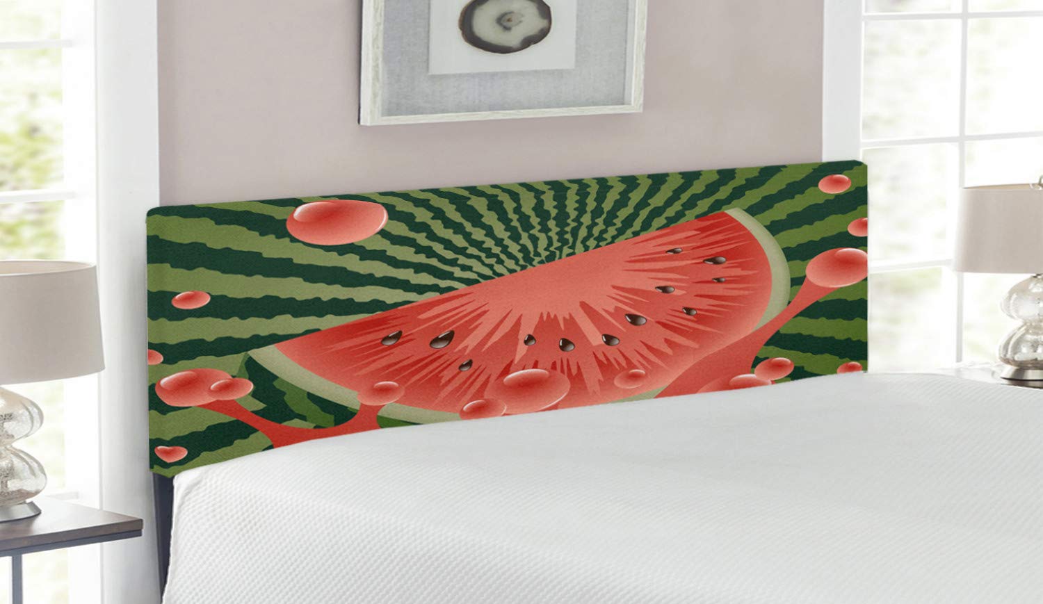 Ambesonne Summer Watermelon Cartoon Headboard - Nature Stripes & Splashing Juice Design, Upholstered Metal Bed Frame with Memory Foam - Queen Size in Hunter Green & Dark Coral - Perfect for Kids' Rooms, Beach Themed Bedrooms & Summer Home Decor