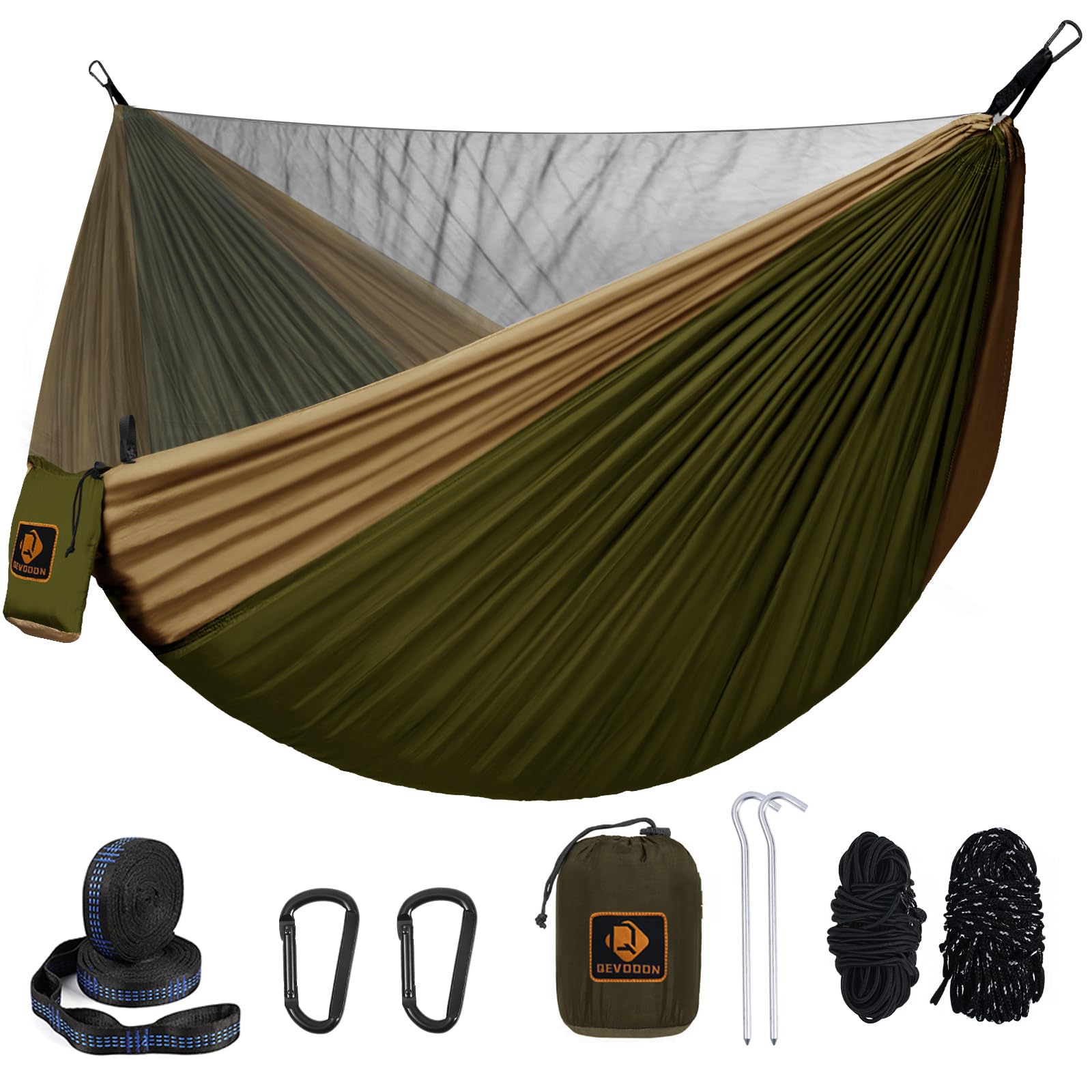 Portable Camping Hammock with Mosquito Net - Lightweight Nylon Parachute Hammock for Outdoor Adventures | Includes 10ft Tree Straps | Perfect for Travel, Hiking, Backpacking, Beach & Patio (Green & Khaki) | Great for Summer Camping, Backyard Relaxation & Wilderness Adventures