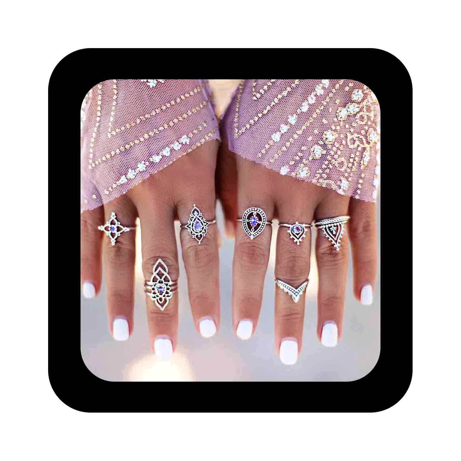Vintage Purple Crystal Rings for Women - 7 Pcs Carved Knuckle Mid Rings with Teardrop CZ Stones, Exaggerated Silver Stackable Jewelry Set | Perfect for Boho Fashion, Party Wear & Everyday Accessories