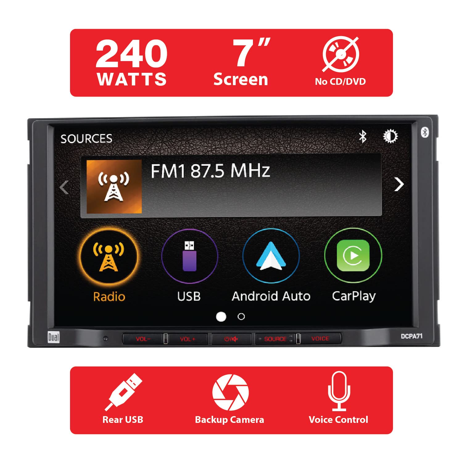 Dual Electronics DCPA71 7-inch Apple CarPlay & Android Auto Double DIN Touchscreen Car Stereo with Bluetooth, Backup Camera Input - Hands-Free Calling & Music Streaming for Safe Driving