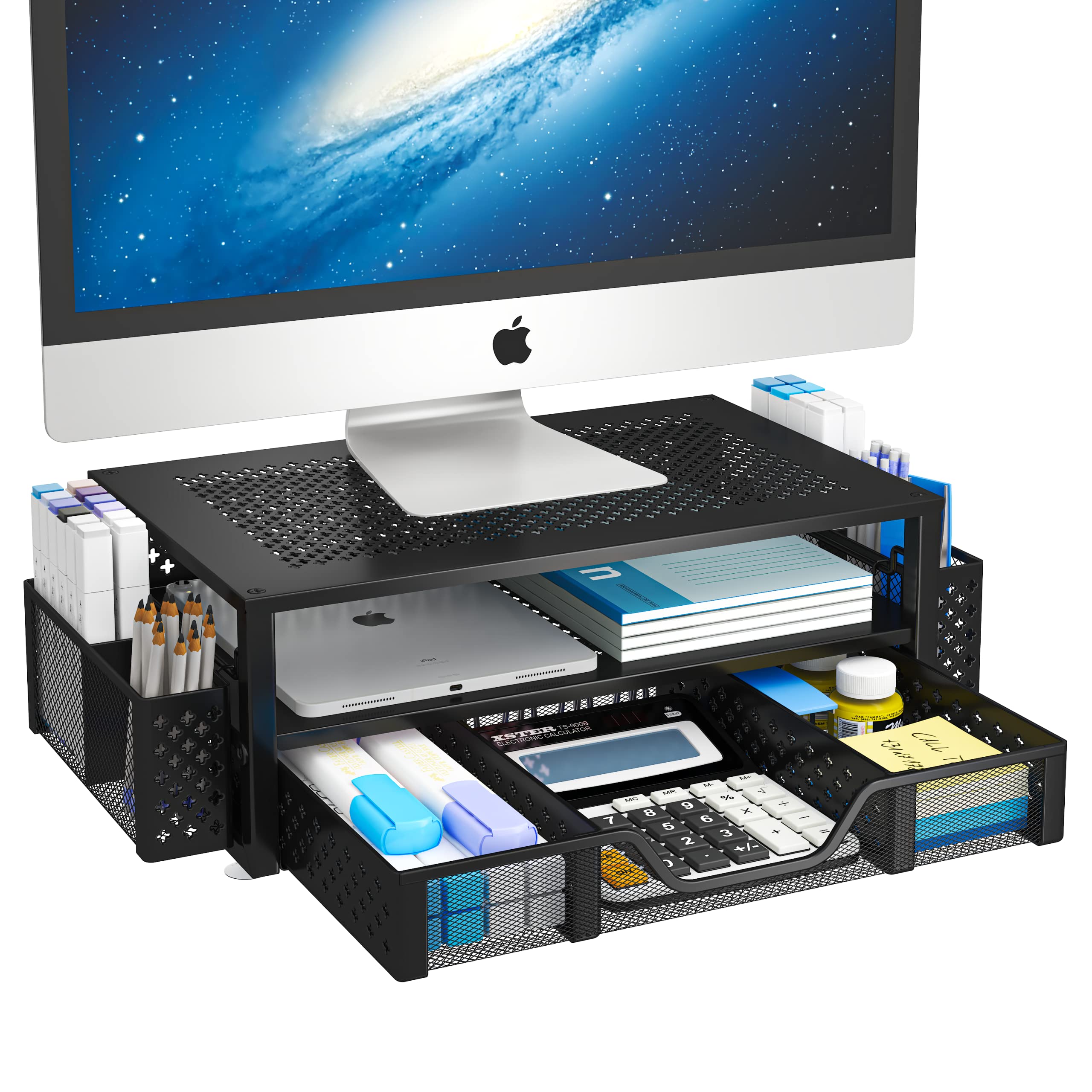 2-Tier Metal Monitor Stand & Desk Organizer with Drawer - Black | Ergonomic Riser for Laptop, Computer, iMac | Perfect for Home Office, Gaming Setup & Workspace Organization