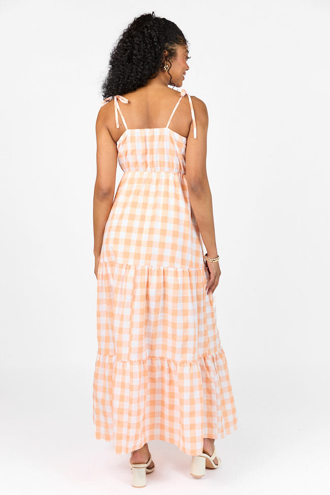 Checked Out Orange Gingham Tie Front Maxi Dress - Women's Summer Floral Print Long Dress for Beach, Vacation & Casual Wear - FINAL SALE
