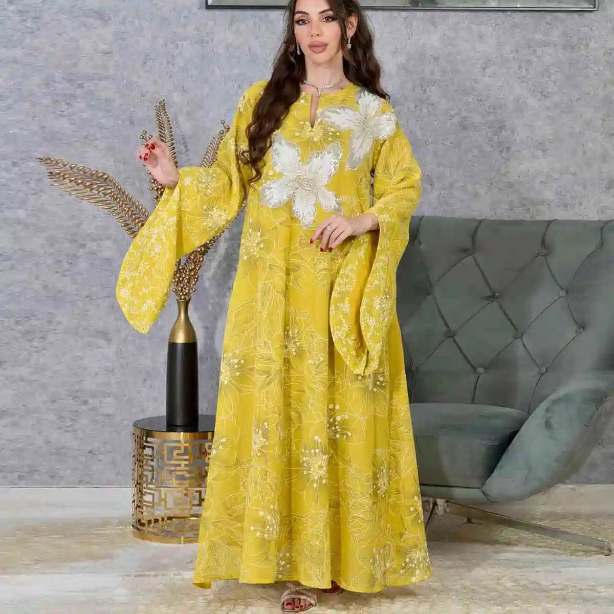 Elegant Embroidered Sequins Eid Caftan Dress for Women - Perfect for Eid Celebrations, Weddings & Special Occasions