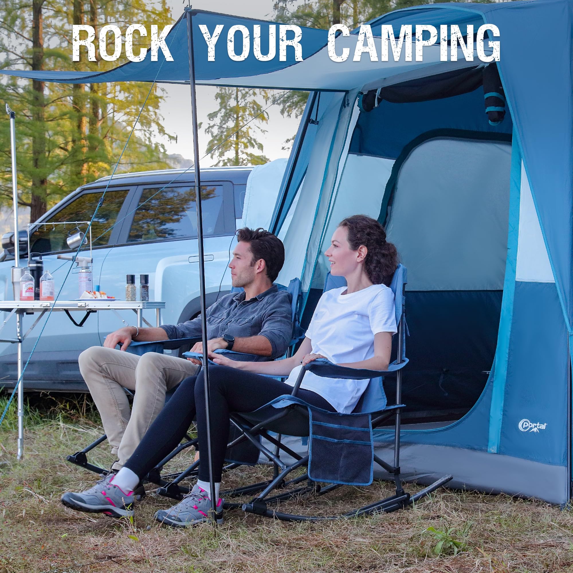 PORTAL Folding Camping Rocking Chair - Portable Outdoor Rocker with High Back, Cup Holder & Side Pocket - Includes Carry Bag - Supports 300 lbs - Perfect for Camping, Beach, Backyard & Patio Relaxation