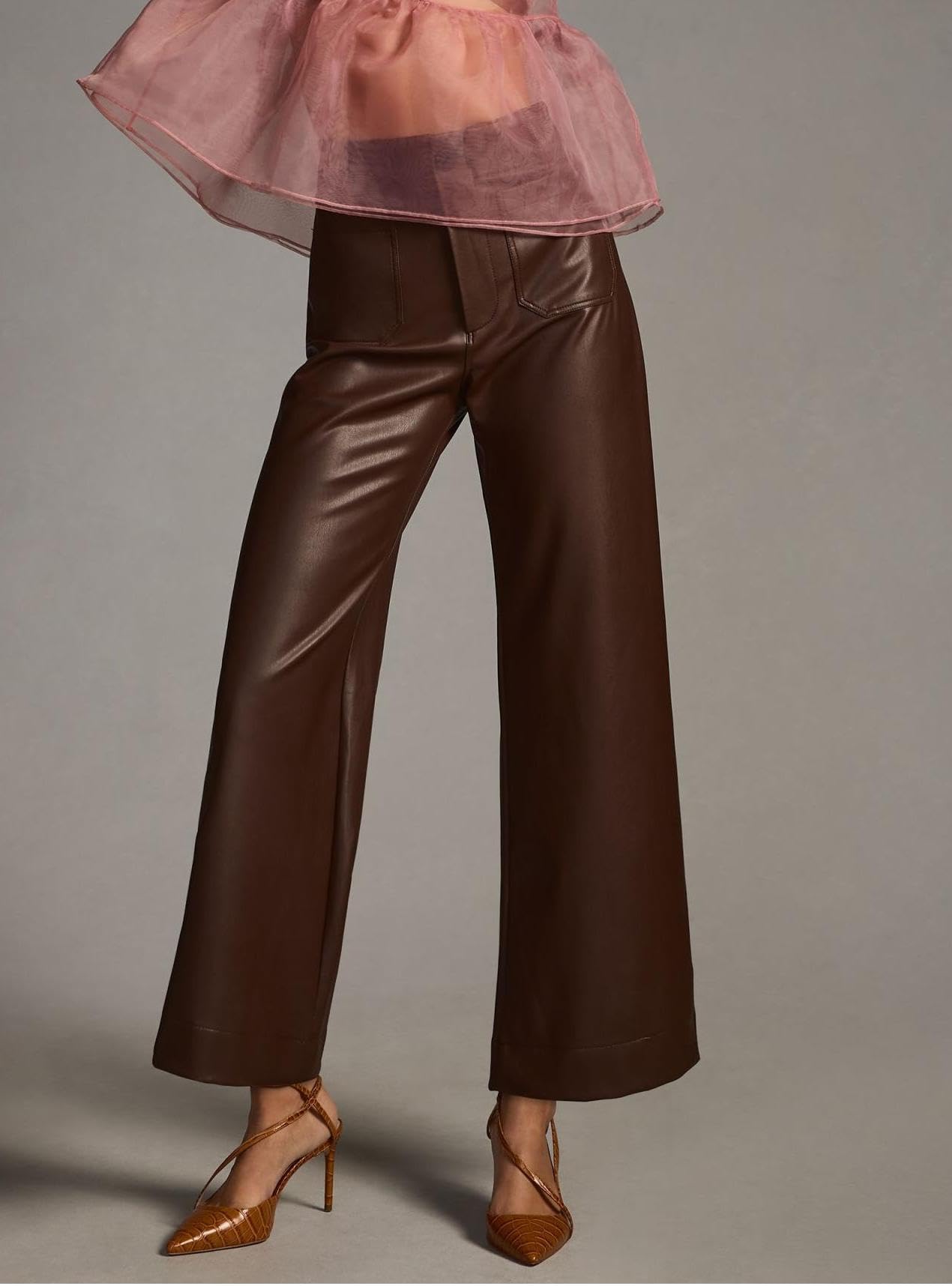 Women's High Waisted Faux Leather Pants - PU Wide Leg Trousers with Pockets | Straight Leg Stretch Pants for Work, Night Out & Casual Wear