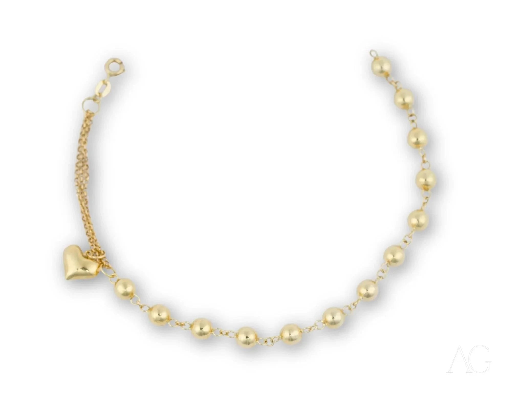 18k Gold Heart Charm Bracelet with Polished Beads - Elegant Jewelry for Women, Perfect for Valentine's Day Gifts & Special Occasions