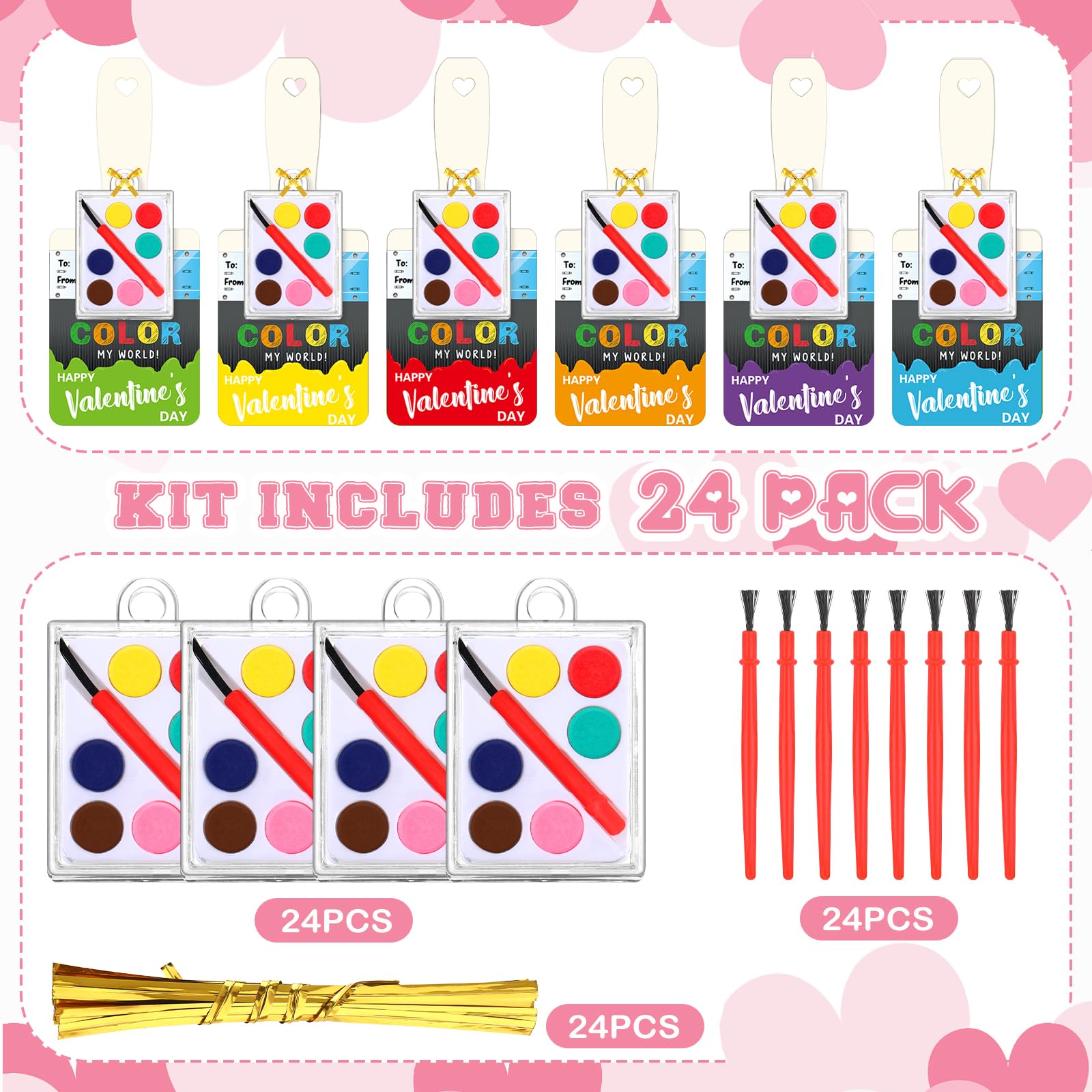 24 Pack Watercolor Paint Set with Valentine's Cards - 72 Piece Art Kit for Kids Classroom Gift Exchange, DIY Painting, Party Favors & Holiday Crafts (Includes 24 Watercolors, 24 Cards & 24 Gold Foil Ropes)