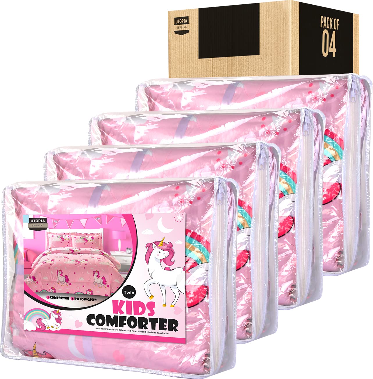 Utopia Bedding 3-Piece All Season Unicorn Comforter Set with 2 Pillowcases - Soft Brushed Microfiber Kids Bedding for Boys & Girls (Twin/Twin XL, Machine Washable) - Perfect for Bedrooms, Sleepovers, and Kids' Room Decor (Bulk Pack of 4)