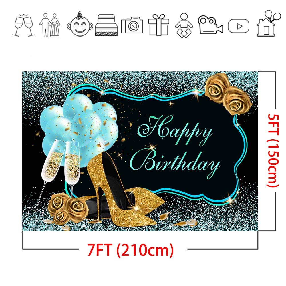 7x5ft Teal & Gold Happy Birthday Backdrop for Women - Turquoise Birthday Photography Background for Sweet 16, 21st, 30th & 40th Parties - Perfect for Photo Booths, Baby Showers & Anniversary Celebrations