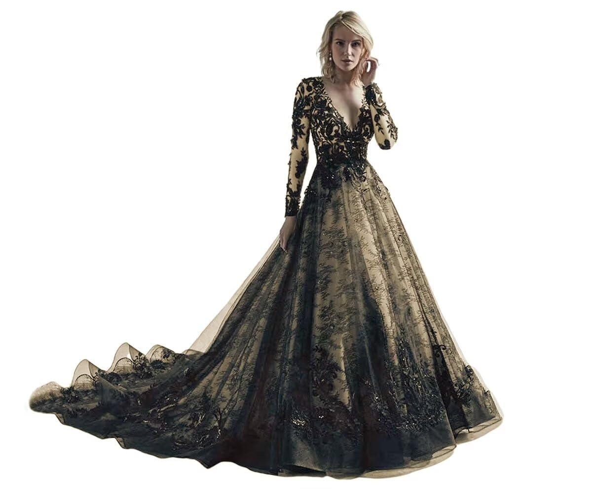 Gothic Black Wedding Dress for Bride - Long Sleeve Lace V-Neck Bridal Gown with Train | Elegant Gothic Wedding, Vampire Theme, Halloween Costume, Dark Romance Ceremony