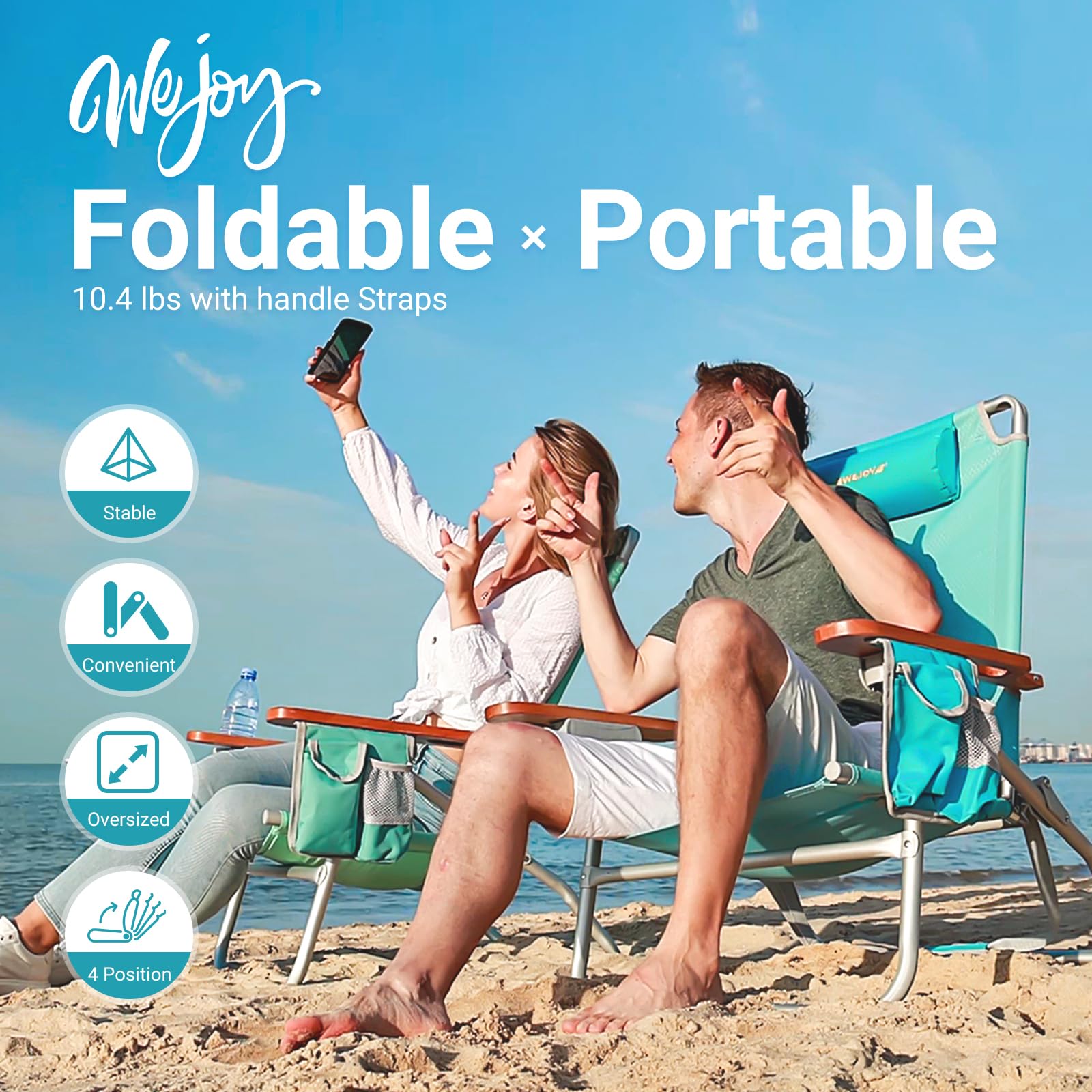 WEJOY 4-Position Folding Beach Chair for Adults - Lightweight Aluminum Frame with Headrest, Wooden Armrests & Cup Holder - Supports 300LBS - Perfect for Beach, Camping, Picnic, BBQ & Backyard Relaxation