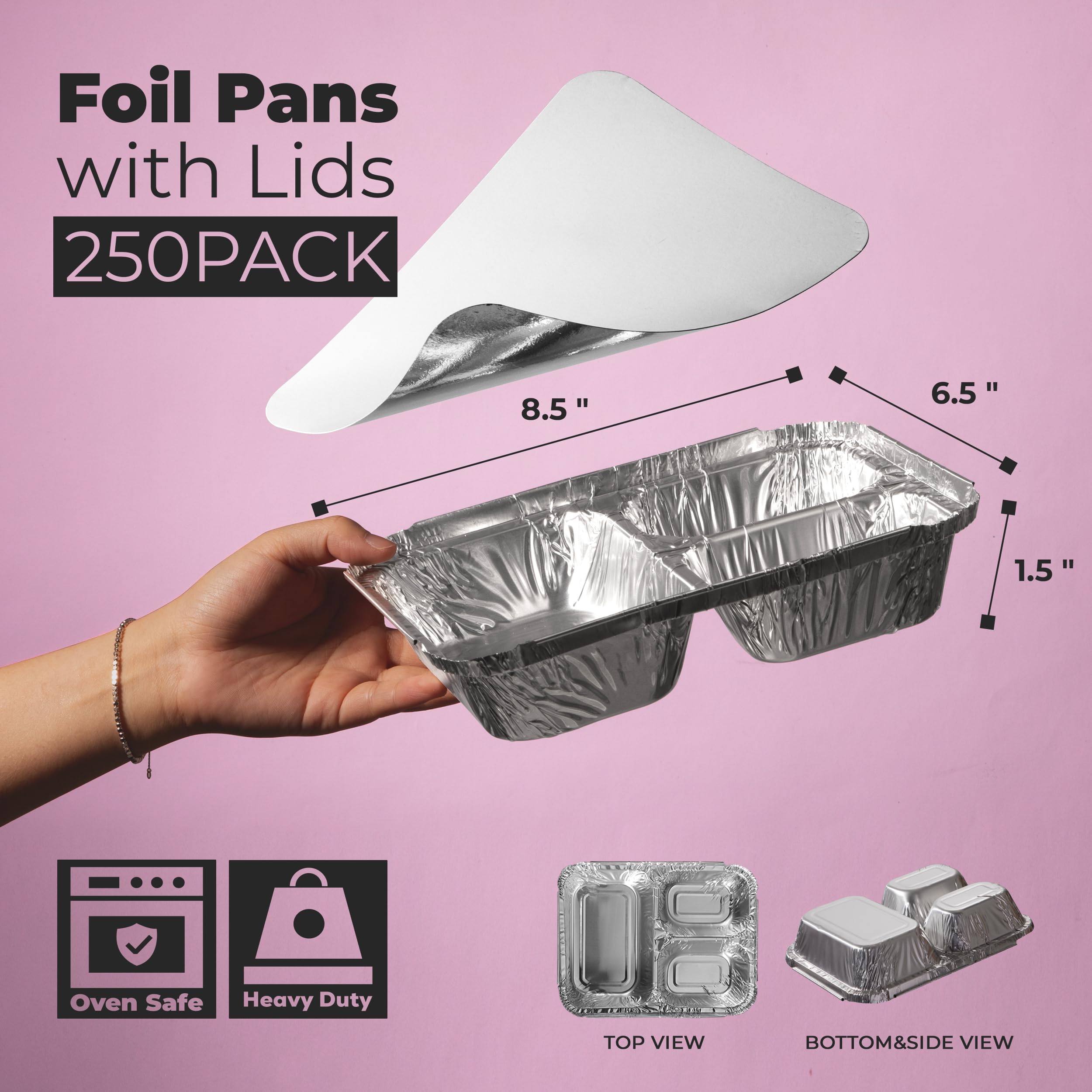 250-Pack Disposable Aluminum Foil Food Containers with Lids - 3 Compartment 8.5x6.5x1.5 Inch Rectangular Meal Prep Pans - Freezer, Oven & Microwave Safe for Takeout, Leftovers & Party Food Storage