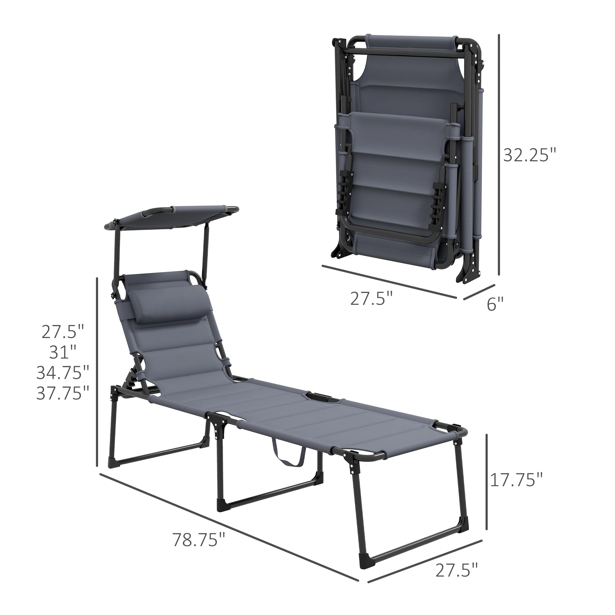 Outsunny 2-Piece Outdoor Lounge Chair Set with Adjustable Backrest - Foldable Chaise Lounge with Cushion, Sunshade Roof & Pillow Headrest - Perfect for Beach, Poolside, Camping & Backyard Relaxation (Gray)