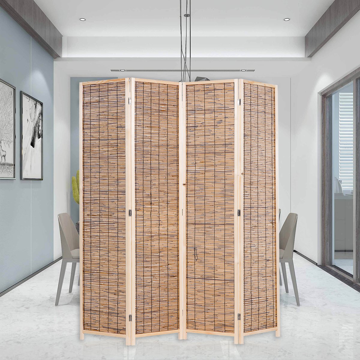 THY COLLECTIBLES 4-Panel Wooden Room Divider Screen - Freestanding Reed Woven Privacy Partition with Hinged Folding Design, Carbonized Finish - Perfect for Home Office, Living Room, Bedroom & Indoor/Outdoor Spaces