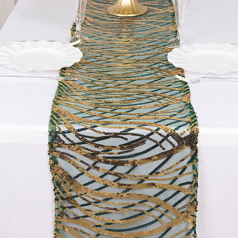 12x108 Inch Mesh Table Runner with Wavy Embroidered Sequins - Elegant Dining Decor for Weddings, Parties & Holiday Celebrations
