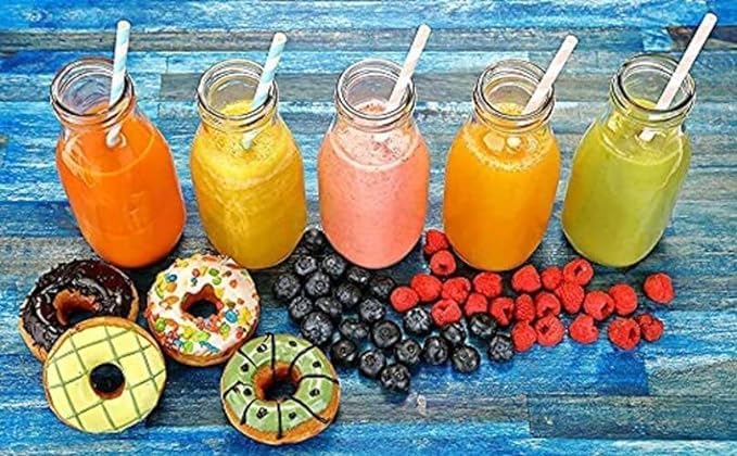 Lecrof 300ml Glass Milk Bottle with Reusable Straw & Airtight Lid - Perfect for Coffee, Tea, Juice, Smoothies & Water | Eco-Friendly Beverage Container for Home, Office, Gym & Travel