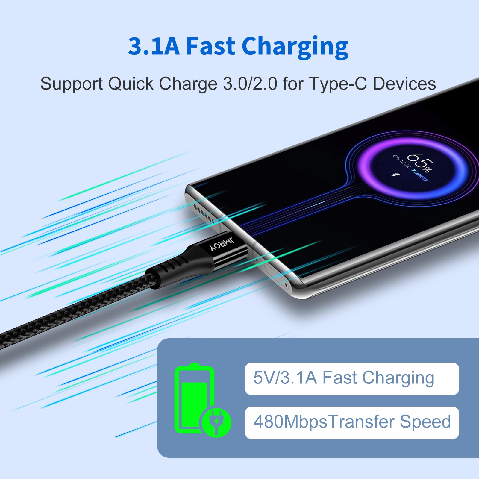 Fast Charging USB-C Cable 3M - Durable Nylon USB A to USB C Charger Cable for PS5 Controller, iPhone 15, Samsung Galaxy S10/S9/S8/S21, Note 10/9/8, LG V20/G8/G7 - Perfect for Gaming, Travel & Home Charging