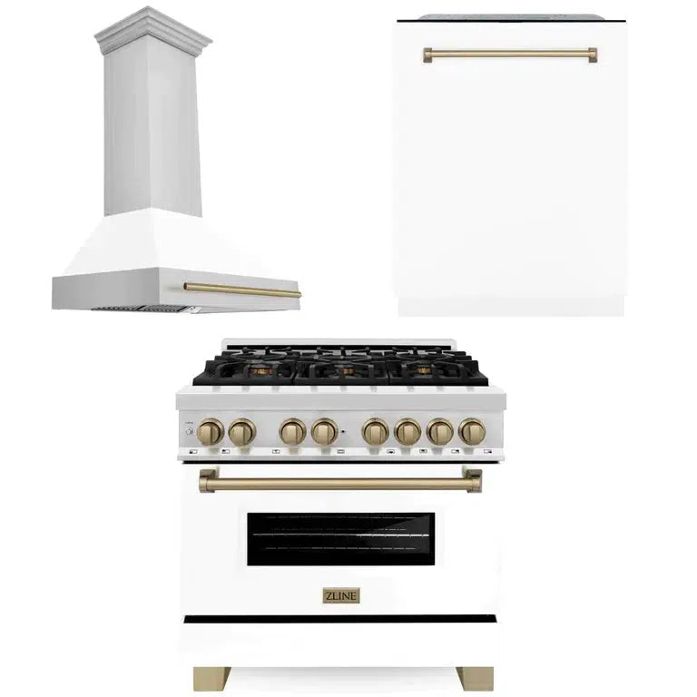 ZLINE Autograph Edition 36-inch Stainless Steel Dual Fuel Range with White Matte Door, Range Hood & Dishwasher - Champagne Bronze Accents (3AKP RAWMRHDWM36 CB) | Professional Kitchen Package for Home Chefs & Modern Cooking Enthusiasts
