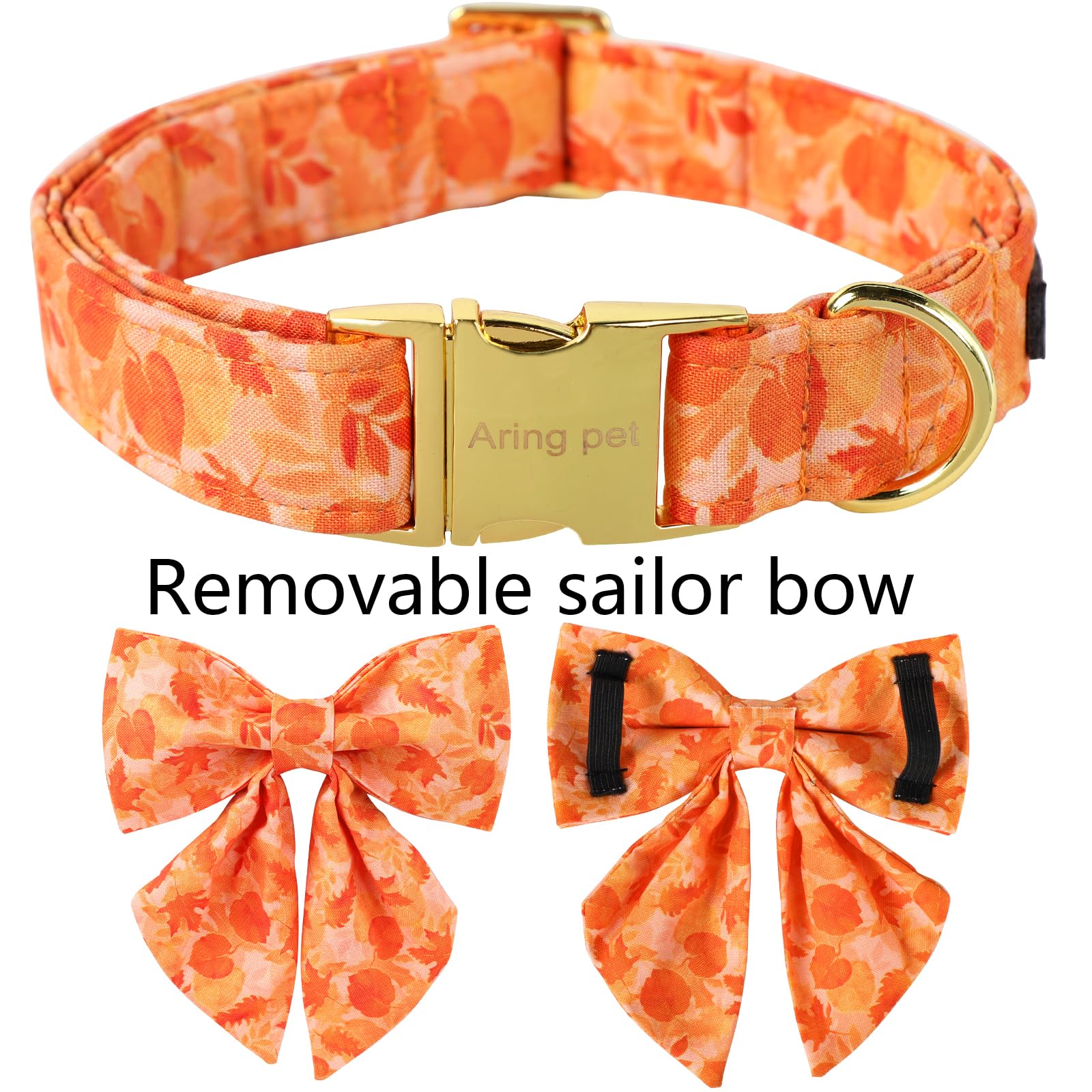 ARING PET Fall Dog Collar - Adjustable Cotton Yellow Dog Collar with Sailor Bowtie & Autumn Leaves Pattern, Metal Buckle for Small Medium Large Dogs - Perfect for Autumn Walks, Halloween Costumes & Seasonal Photo Shoots