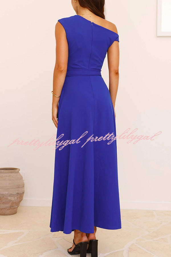Elegant Solid Color Sloped Collar Slim Fit Waist Lace Up Maxi Dress for Women | Formal & Casual Occasions | Perfect for Weddings, Parties & Date Nights