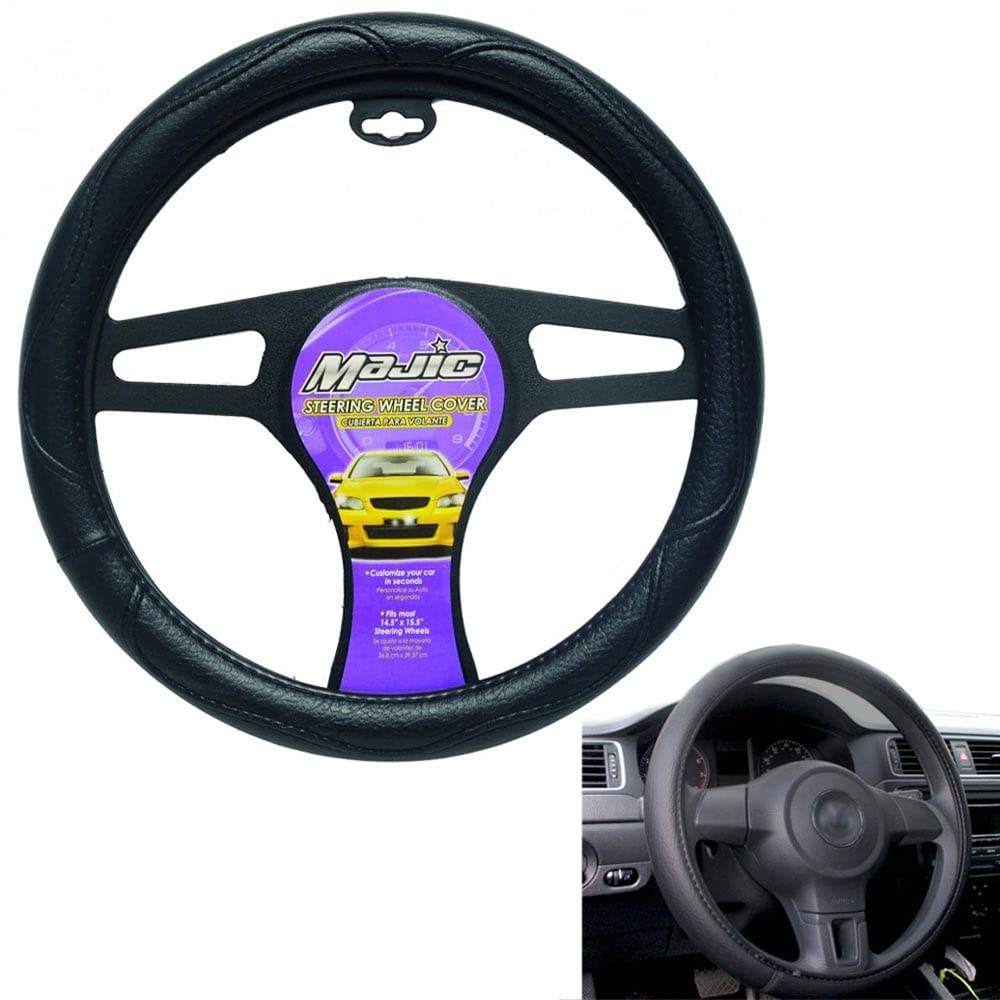 Premium Black Leather Steering Wheel Cover - Universal 15