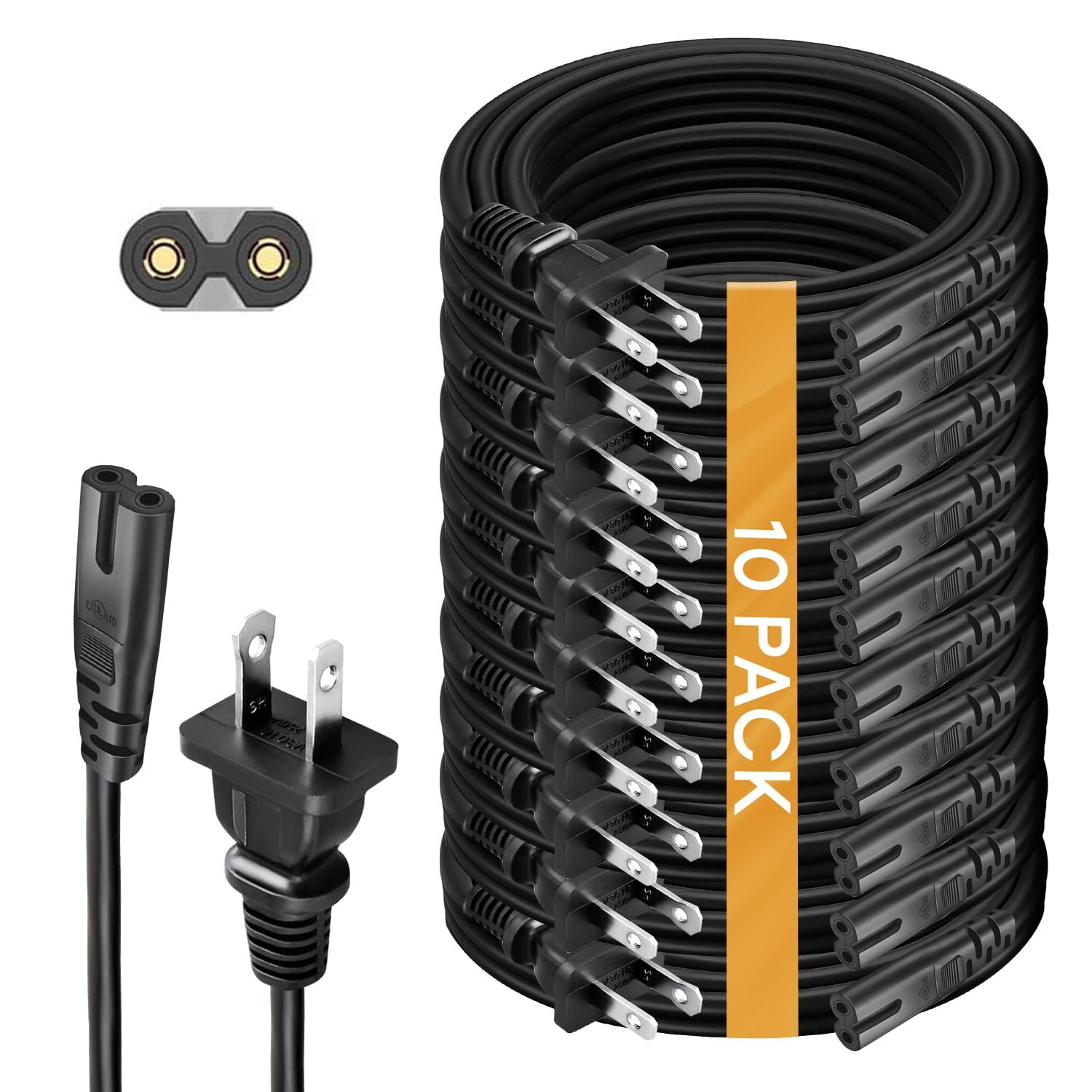 (10 Pack) 10ft TV Power Cord - Replacement 2 Prong Power Cable Compatible with Sony, Samsung, LG, TCL, Apple TV, Insignia, Sharp, Toshiba, JVC, Hisense - Perfect for Home Theater Setup & TV Replacement (10-Feet, Black)