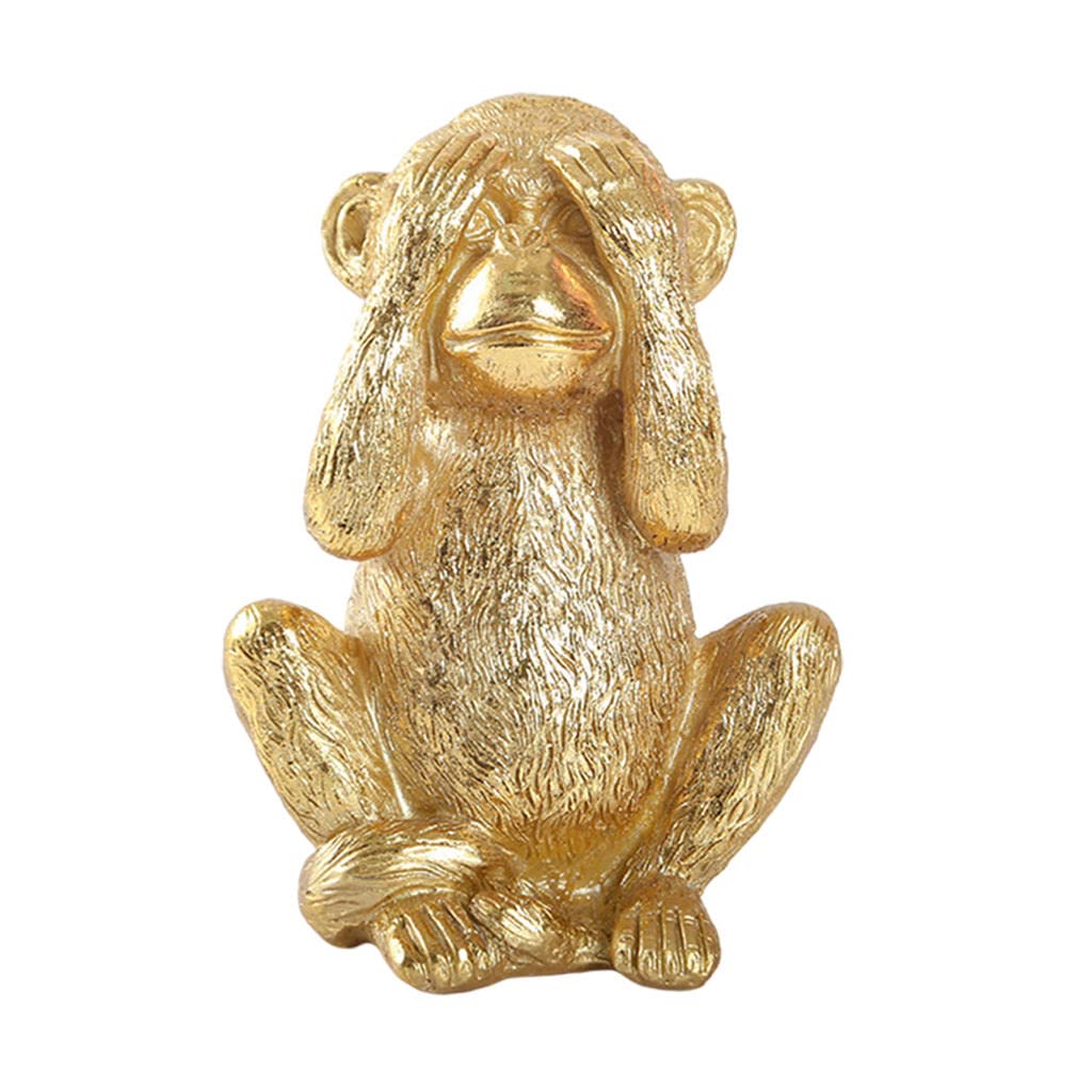 Handmade Resin Feng Shui Monkey Statue - Gold Chinese No Evil Monkey Figurine for Home Decor & Good Luck | Perfect for Living Room, Office & Gift Giving