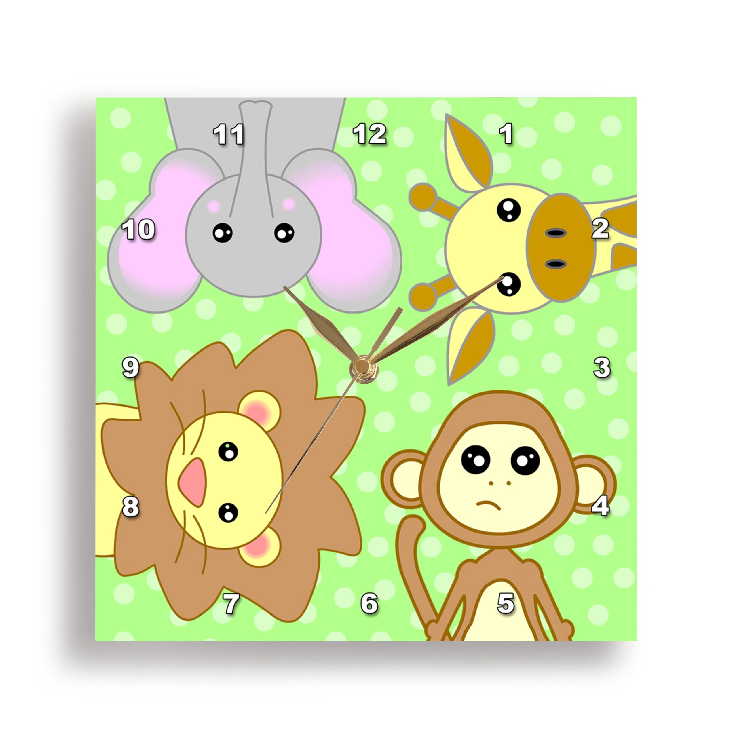 3D Rose Curious Baby Animals Wall Clock - Lion, Monkey, Giraffe & Elephant Design on Green Background - 13x13 Inch Home Decor for Nursery, Kids Room & Playroom - Perfect Gift for Animal Lovers & Children