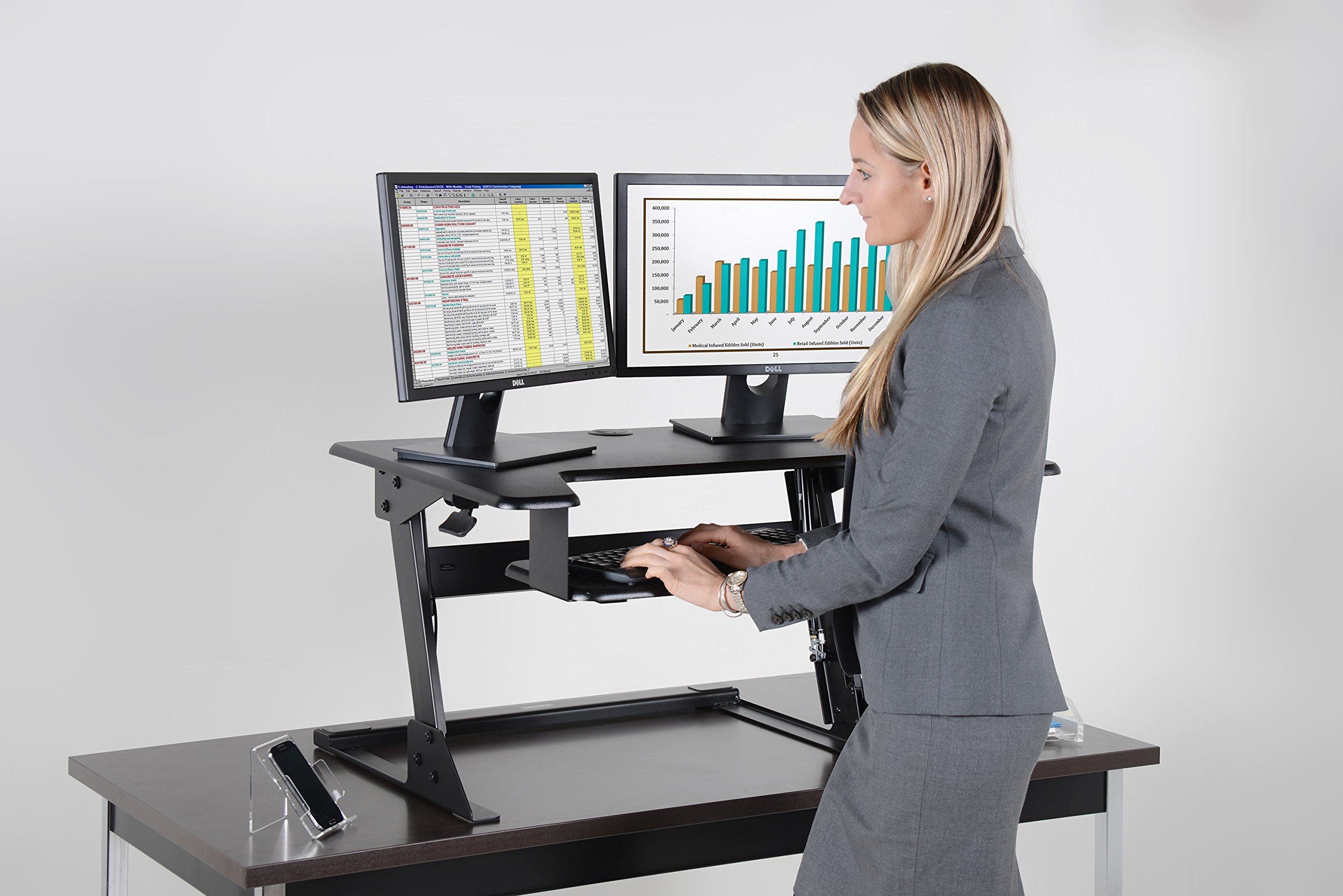 Kantek STS900 Adjustable Sit to Stand Desktop Riser - Ergonomic Black Monitor Stand for Home & Office Workspace - Perfect for Dual Monitor Setup and Improving Posture