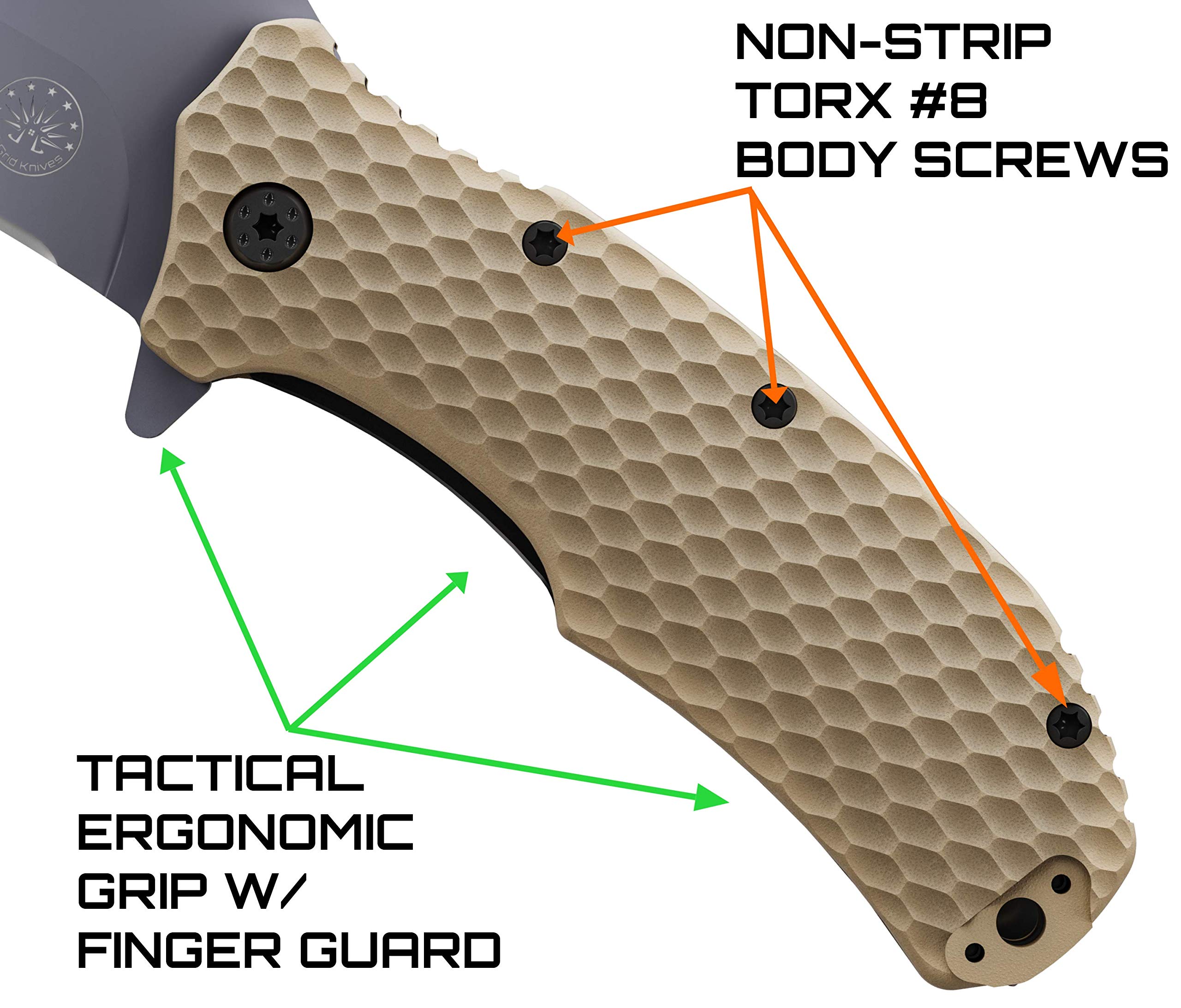 Off-Grid Knives - Rapid Fire Coyote Large Assisted EDC Knife | Durable Cryogenic D2 Blade Steel with Titanium Nitride Coating | G10 Scales | Perfect for Camping, Survival & Everyday Carry (EDC) | Deep Pocket Carry Design for Outdoor Adventures & Tactical Use