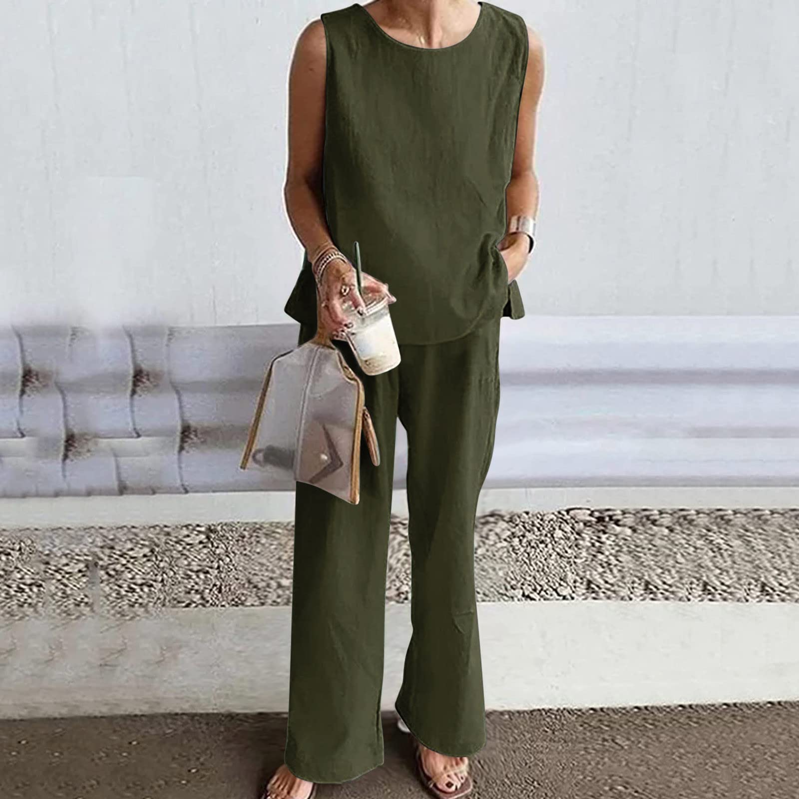 Women's Linen Two-Piece Set - Sleeveless Summer Top & Pants Outfit | Breathable Casual Beachwear for Vacation, Travel & Outdoor Activities