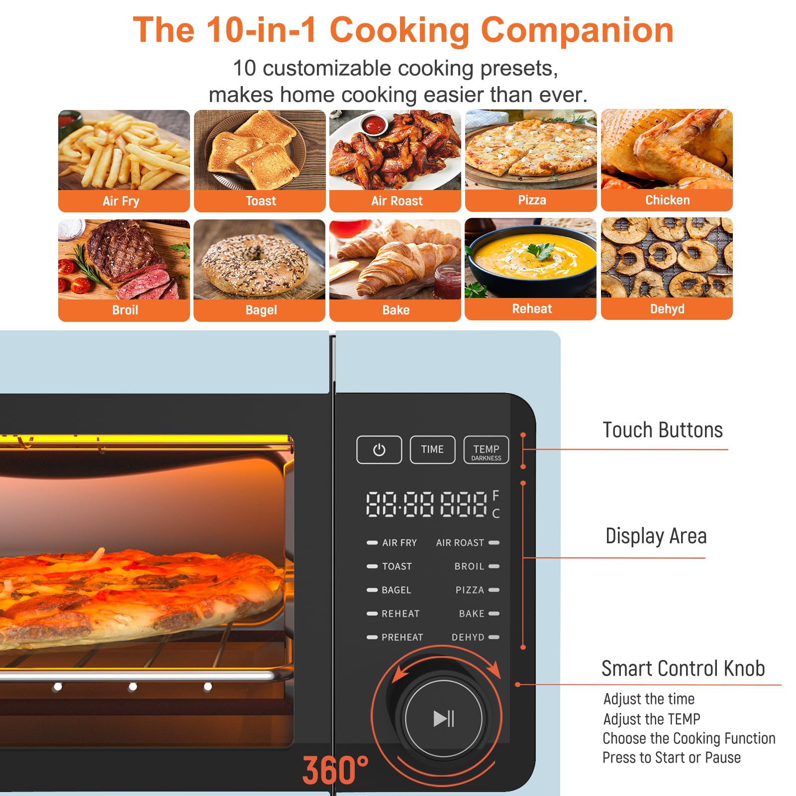 Fabuletta 10-in-1 Air Fryer Toaster Oven Combo - 1800W Countertop Convection Oven with Flip-Up Design for Space Saving | Oil-Free Cooking for 12