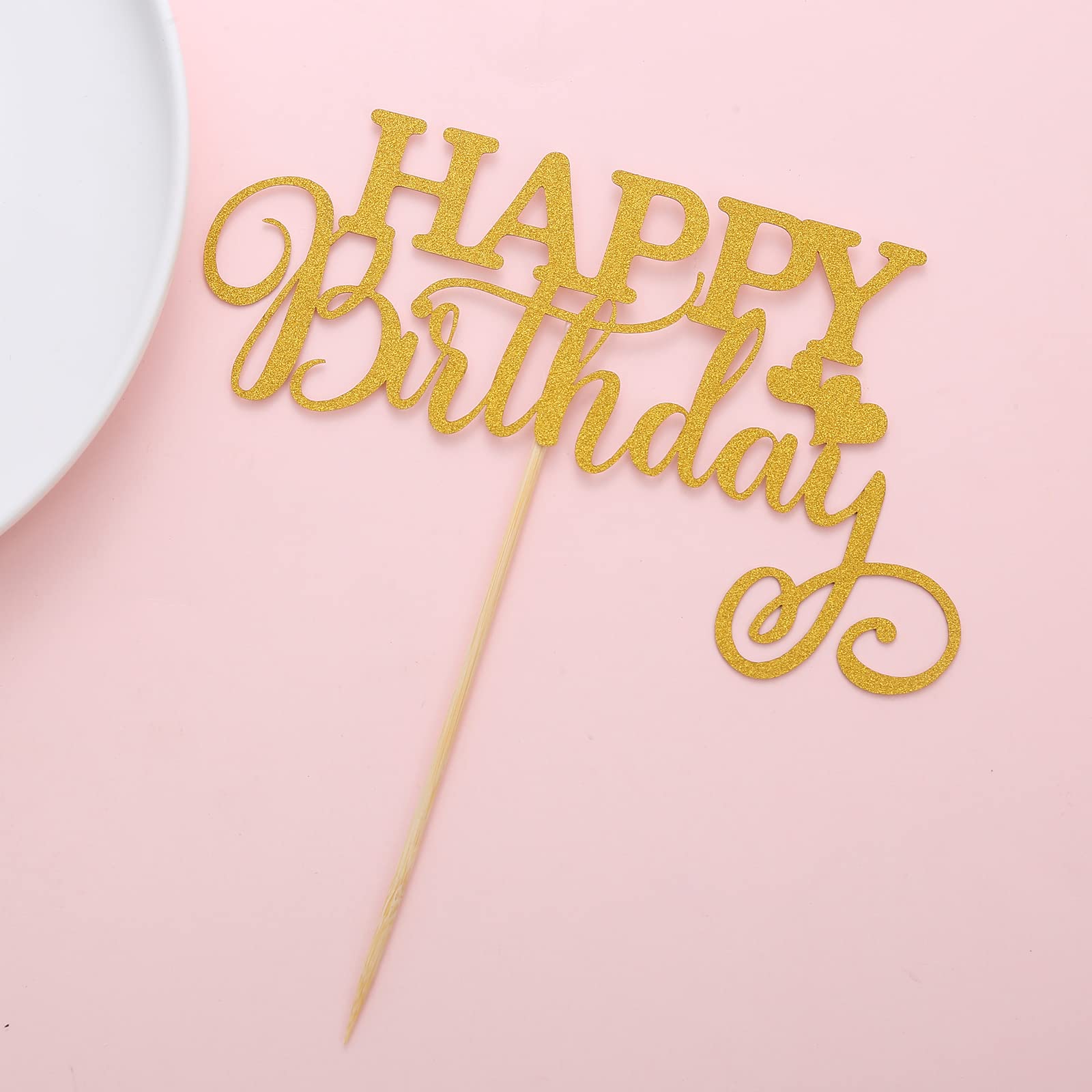 Gold Happy Birthday Cake Topper - Single-Side Glitter Photo Booth Prop for Birthday Cake Decorations | Perfect for Cake Smash Parties, Photo Backdrops & Birthday Celebrations (Gold HB)