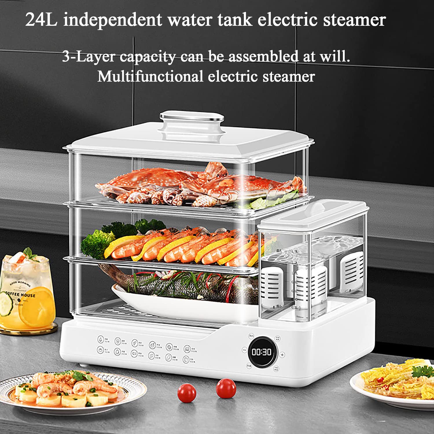 3 Tier Electric Steamer with Touch Screen Display - 800W 24L Capacity Food Steamer with 1.5L Removable Water Tank & 12-Hour Timer - 3 Removable Layers for Healthy Cooking - Perfect for Kitchens, Restaurants, and Meal Prep