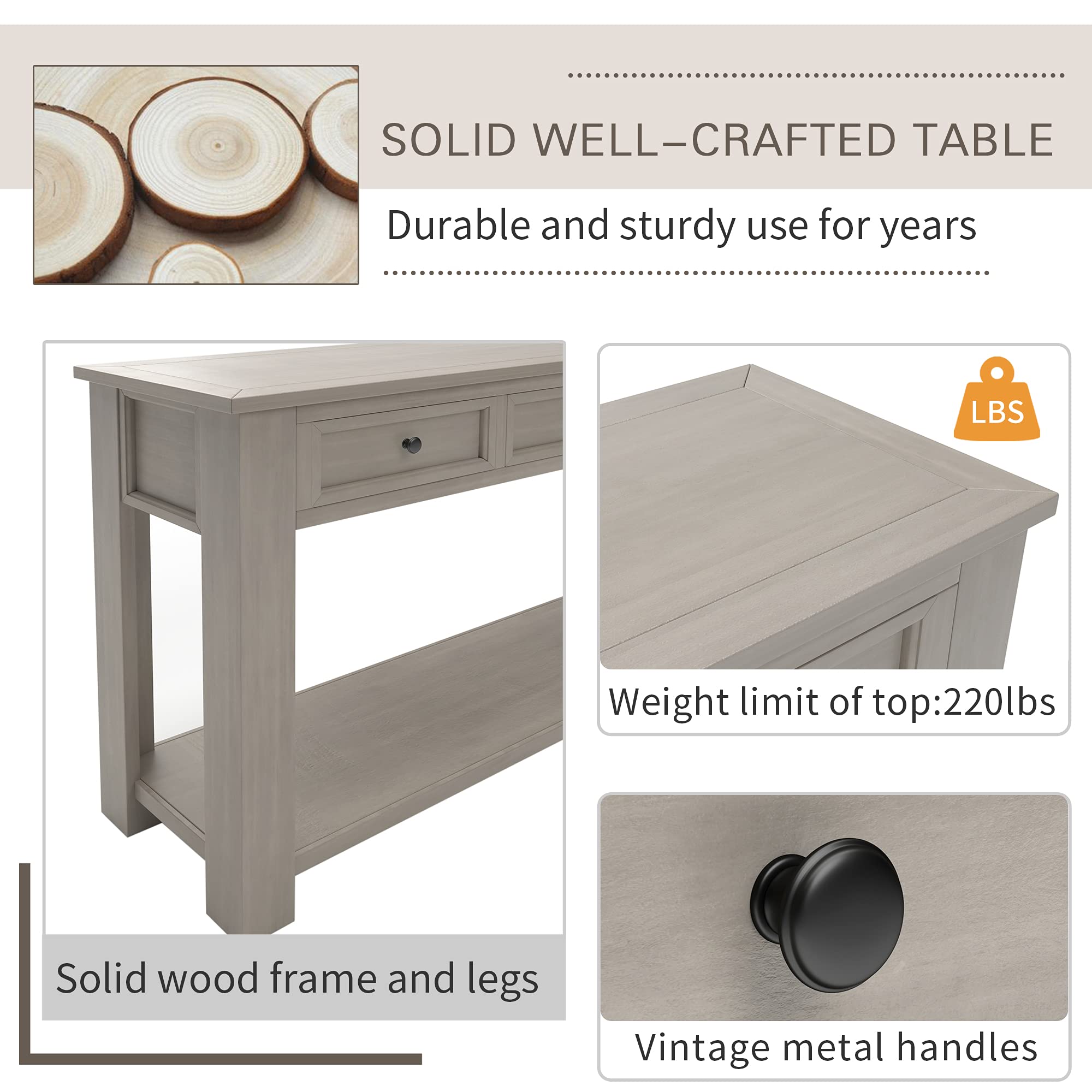 Polibi Rustic Console Table with 4 Storage Drawers & Open Shelf - Entryway Sofa Table for Living Room, Hallway & Foyer - Easy Assembly Farmhouse Style Furniture (Grey) - Perfect for Small Space Organization & Home Decor