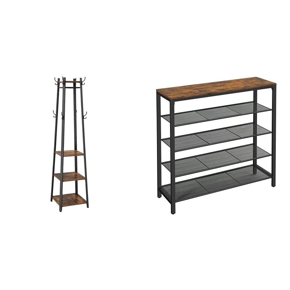 VASAGLE ALINRU 5-Tier Shoe Rack and Coat Stand with 3 Shelves - Rustic Brown and Black Entryway Organizer for Shoes, Jackets, and Accessories | Perfect for Hallway, Mudroom, or Bedroom Storage