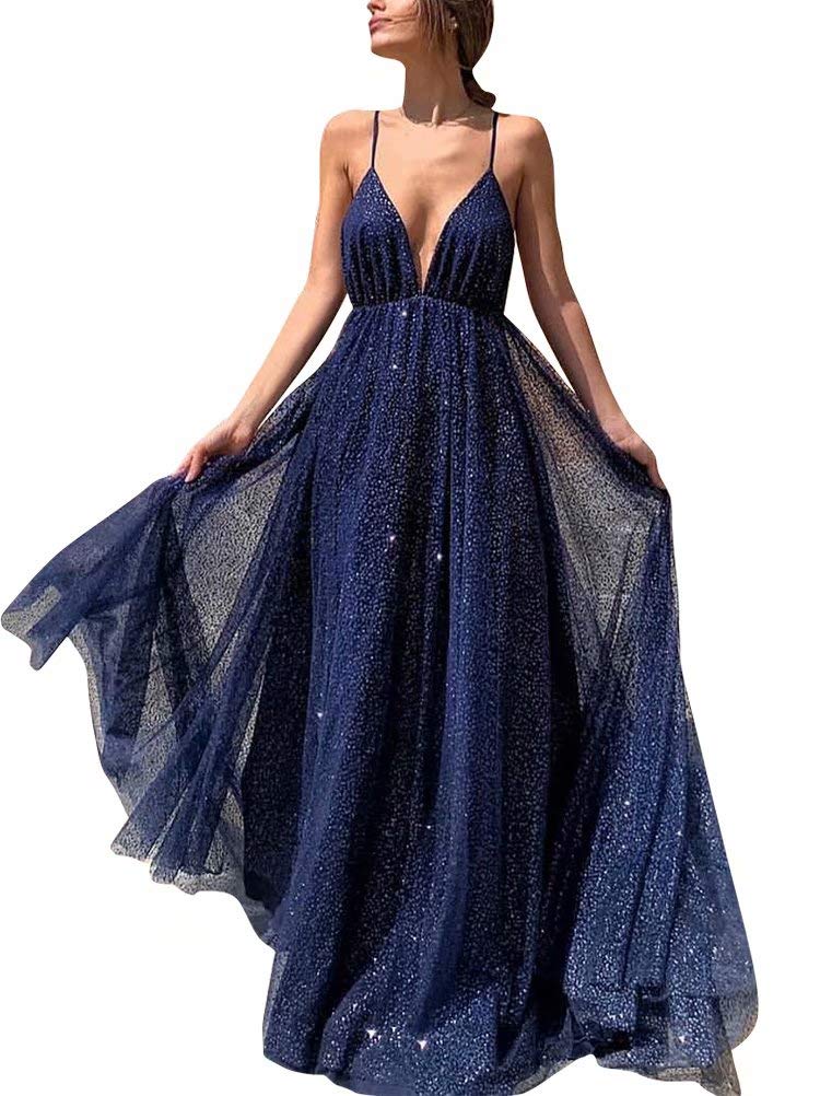 Sparkling Deep V-Neck Prom Dresses for Women - Elegant Backless Long Tulle Formal Evening Gown for Homecoming, Ball, Wedding & Special Occasions