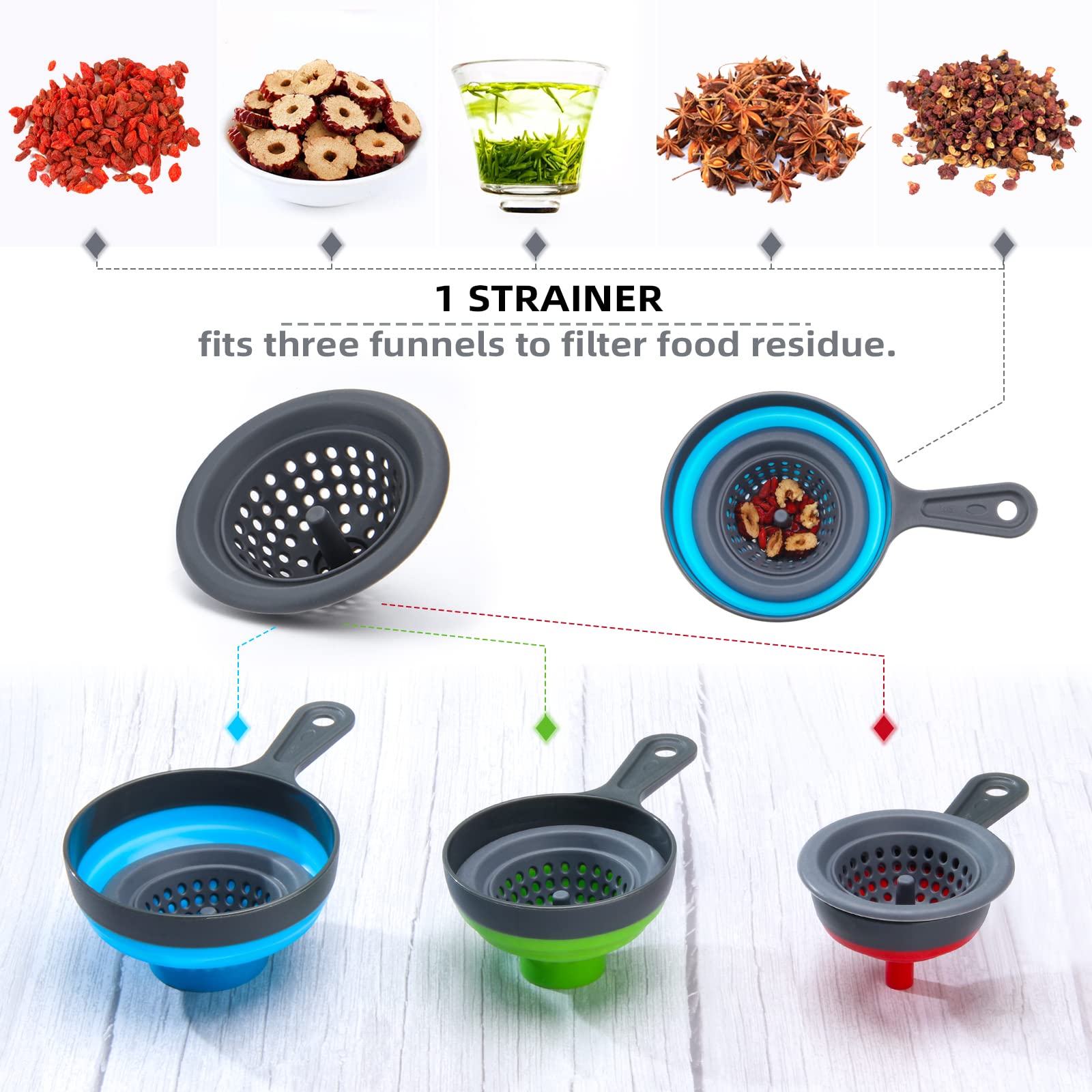 Dokpod Collapsible Silicone Kitchen Funnel with Strainer - Wide Mouth Canning & Bottle Filling Funnel with Filter - Perfect for Home Brewing, Oil Transfer, and DIY Projects