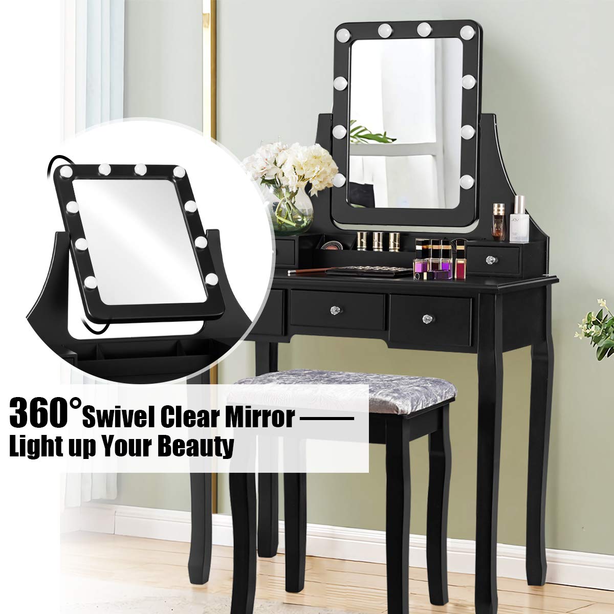 CHARMAID LED Vanity Makeup Desk Set with 10 Dimmable Light Bulbs, 5 Drawers & 3 Storage Organizers - Black Dressing Table with Lighted Mirror & Stool for Bedroom, Bathroom or Dorm Room - Perfect Gift for Women & Teens