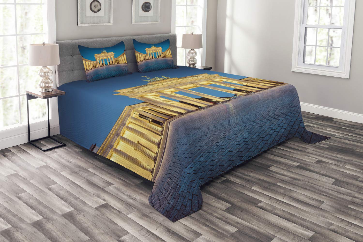 Ambesonne 3-Piece Travel Bedspread Set - Queen Size Blue Yellow Pink Bedding with Brandenburg Gate Germany Landmark Design | Decorative Coverlet & 2 Pillow Shams for Home, Hotel, or Airbnb Decor