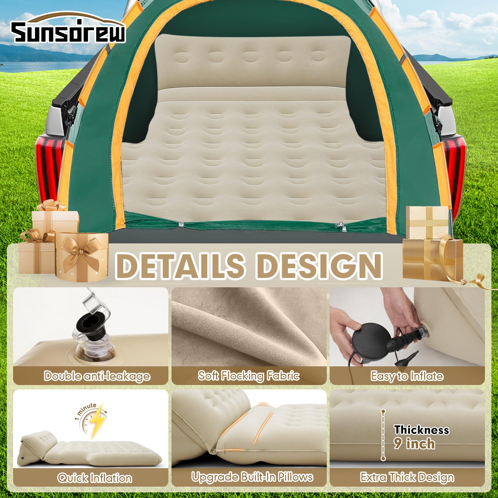 2025 Upgraded Truck Bed Air Mattress for 5.5-6.5Ft Full-Size Trucks | Inflatable Mattress with Built-in Pillow | Adjustable Camping Air Bed for Short Truck Beds | Perfect for Outdoor Adventures, Road Trips & Home Use (Beige)