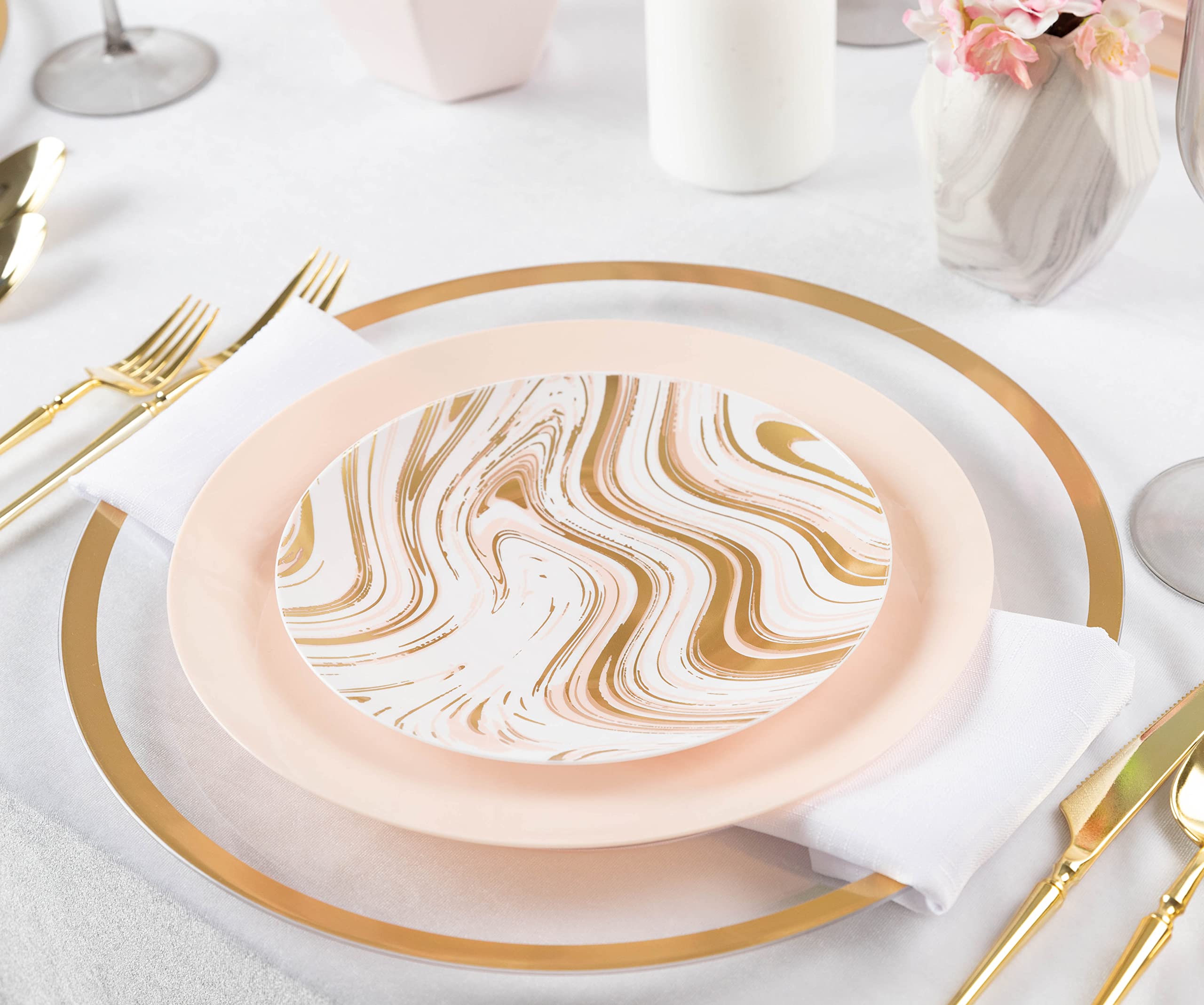 Premium Heavyweight White & Gold Plastic Party Plates - Elegant Disposable Tableware for Weddings, Birthdays & Special Events (64-Pack, Curve Design, Pink Accents)